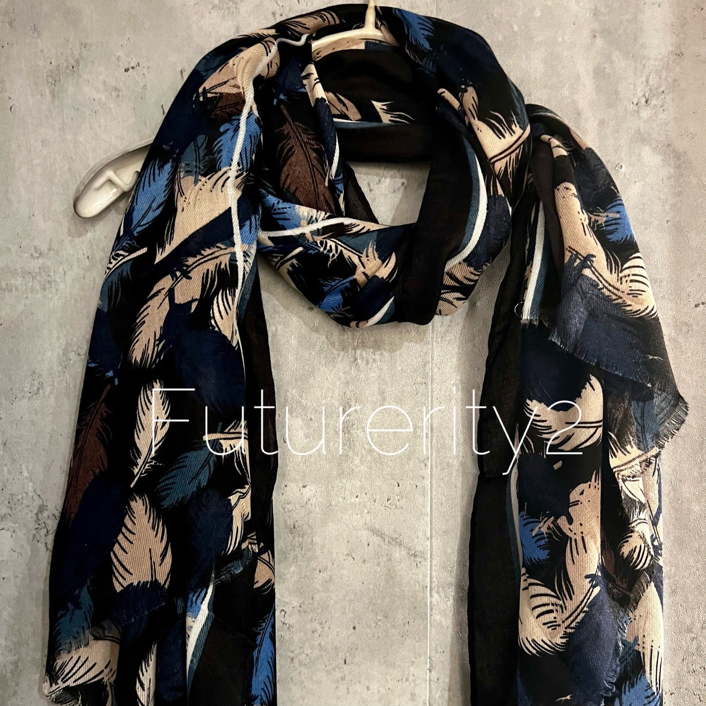 Blue Cotton Scarf with Floating Blue Beige Feathers – A Versatile and Elegant Gift for Her