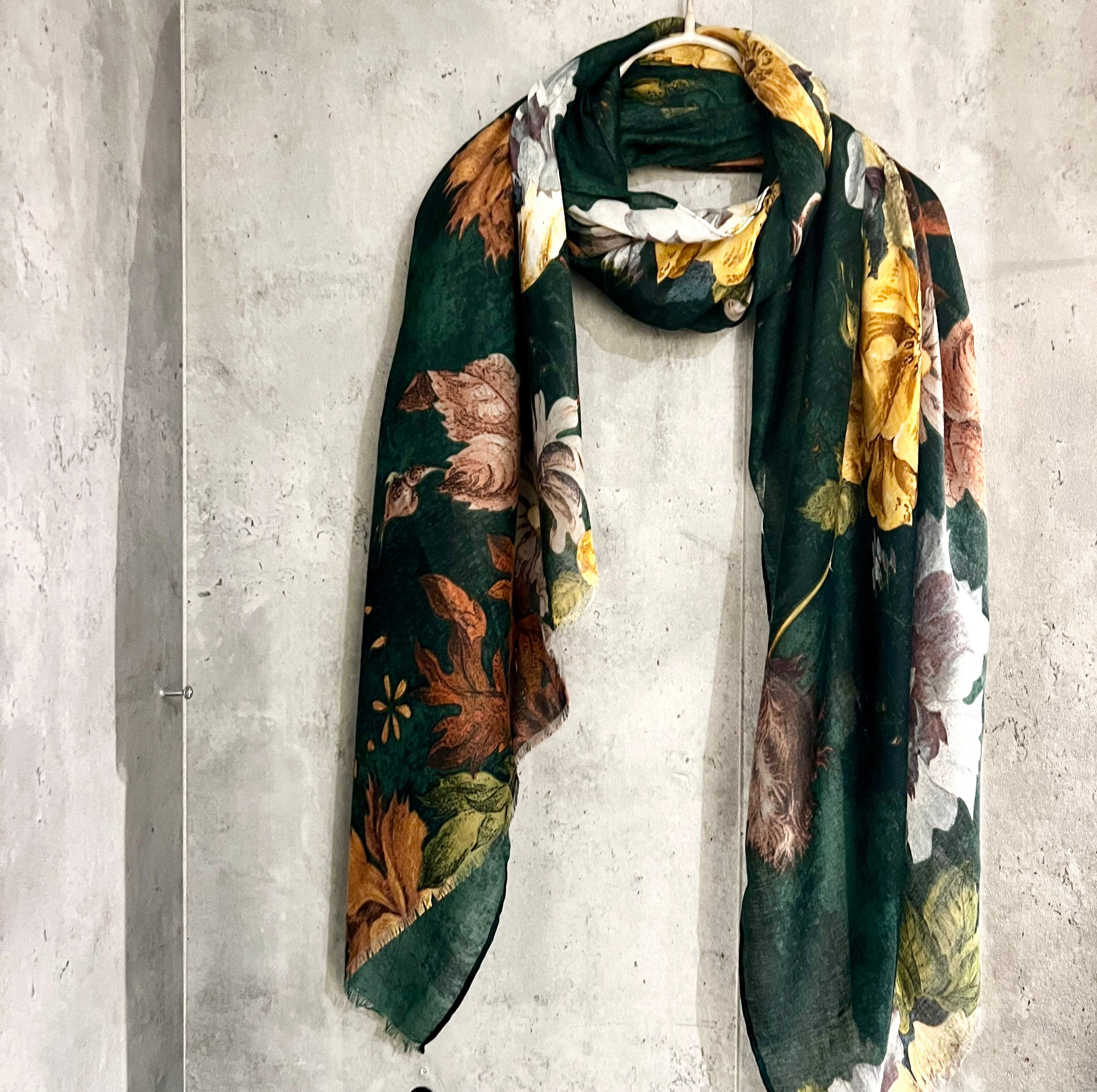 Vintage Peony Flowers Green  Cotton Scarf