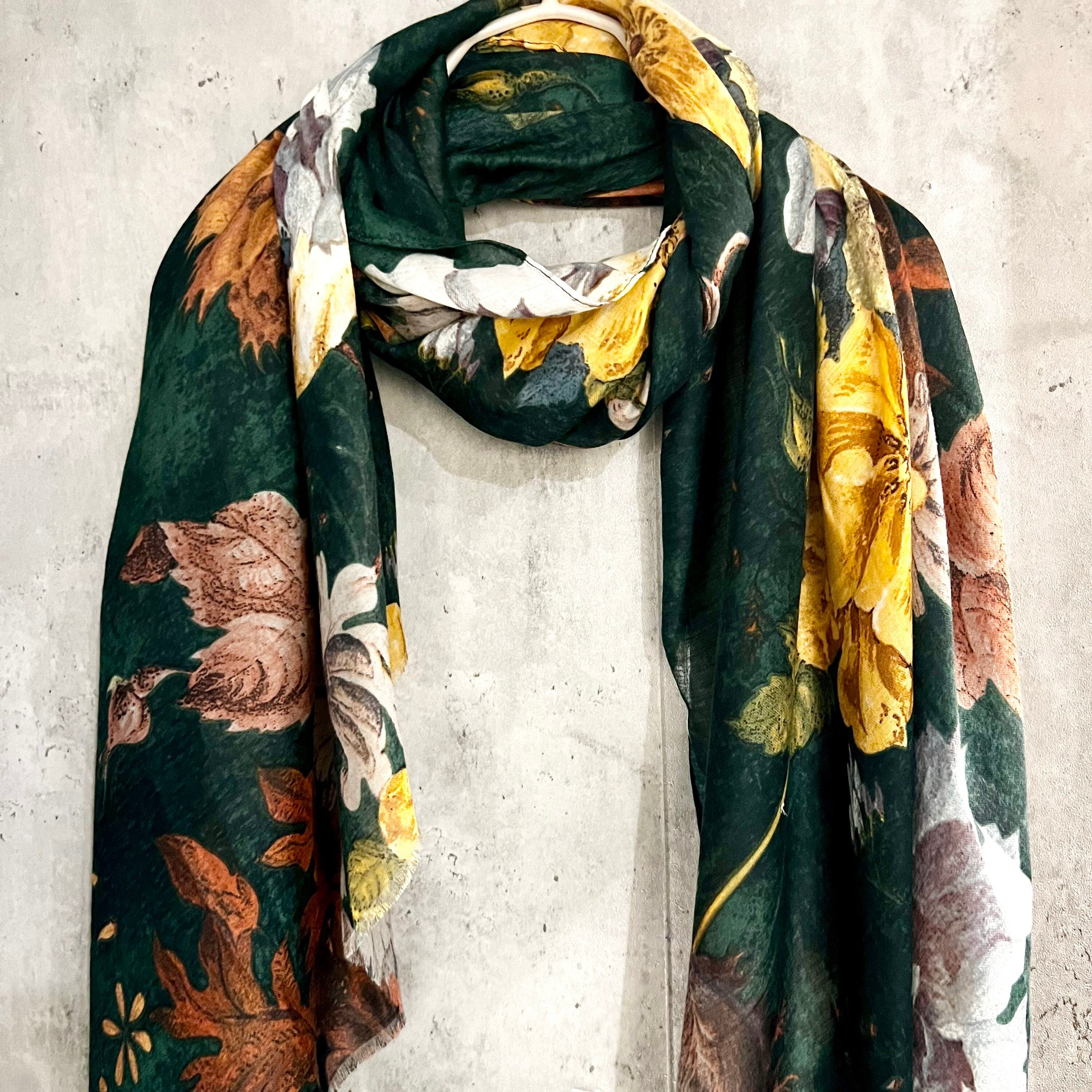 Vintage Peony Flowers Green  Cotton Scarf
