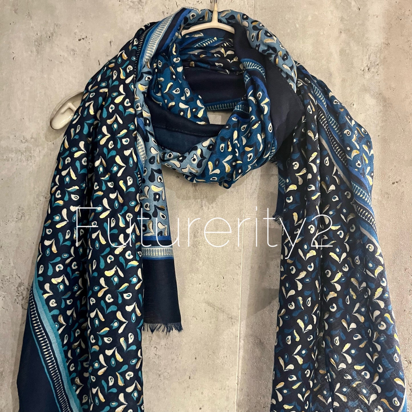 Blue Cotton Scarf with Water Drops Pattern and Gold Foil Accents – A Versatile and Elegant Gift for Her, Year-Round