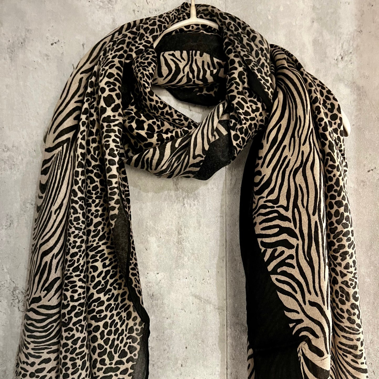Beige Cotton Scarf with Micro Leopard and Zebra Pattern – A Fashionable and Versatile Gift for Her, Ideal Year-Round