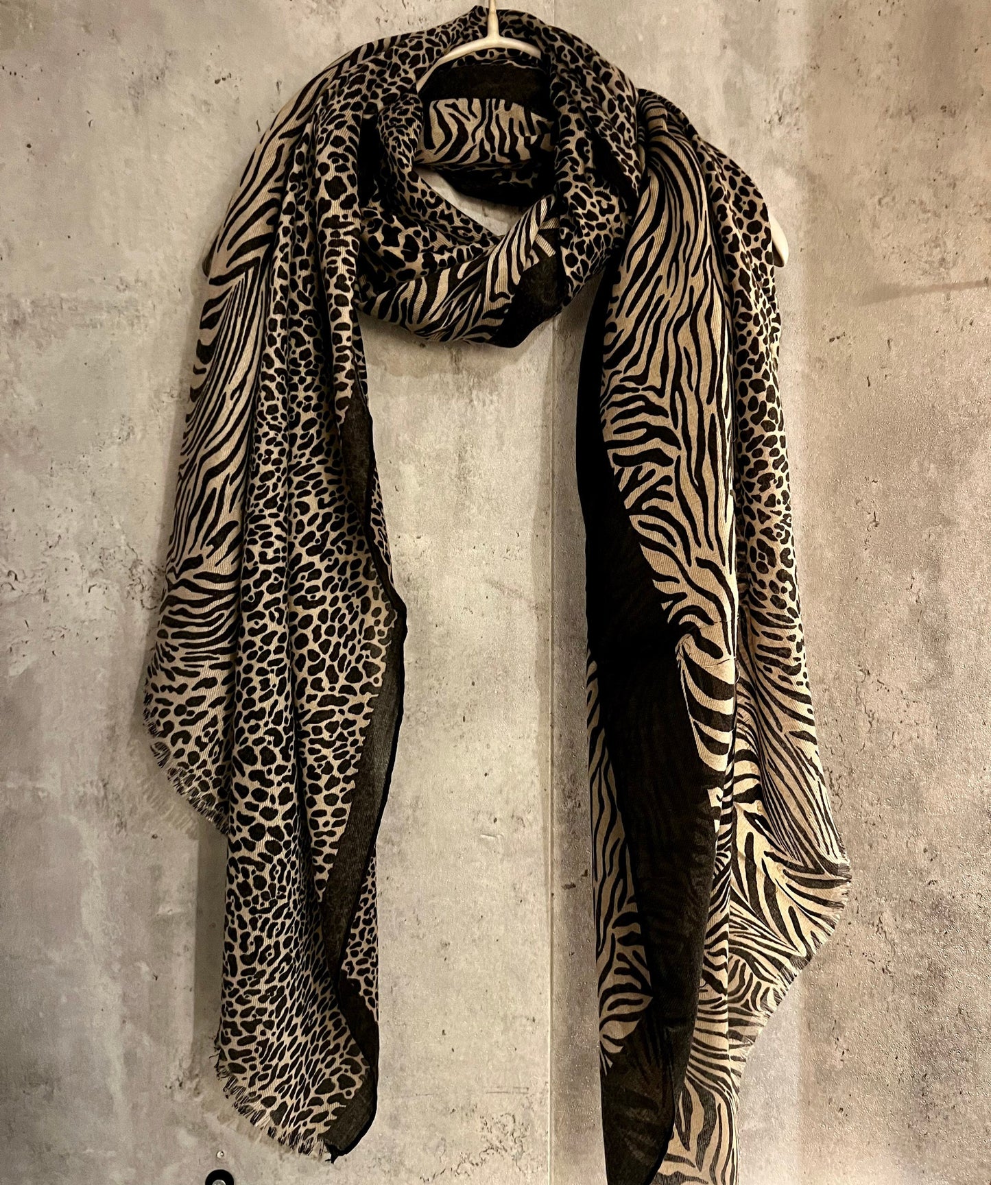 Beige Cotton Scarf with Micro Leopard and Zebra Pattern – A Fashionable and Versatile Gift for Her, Ideal Year-Round