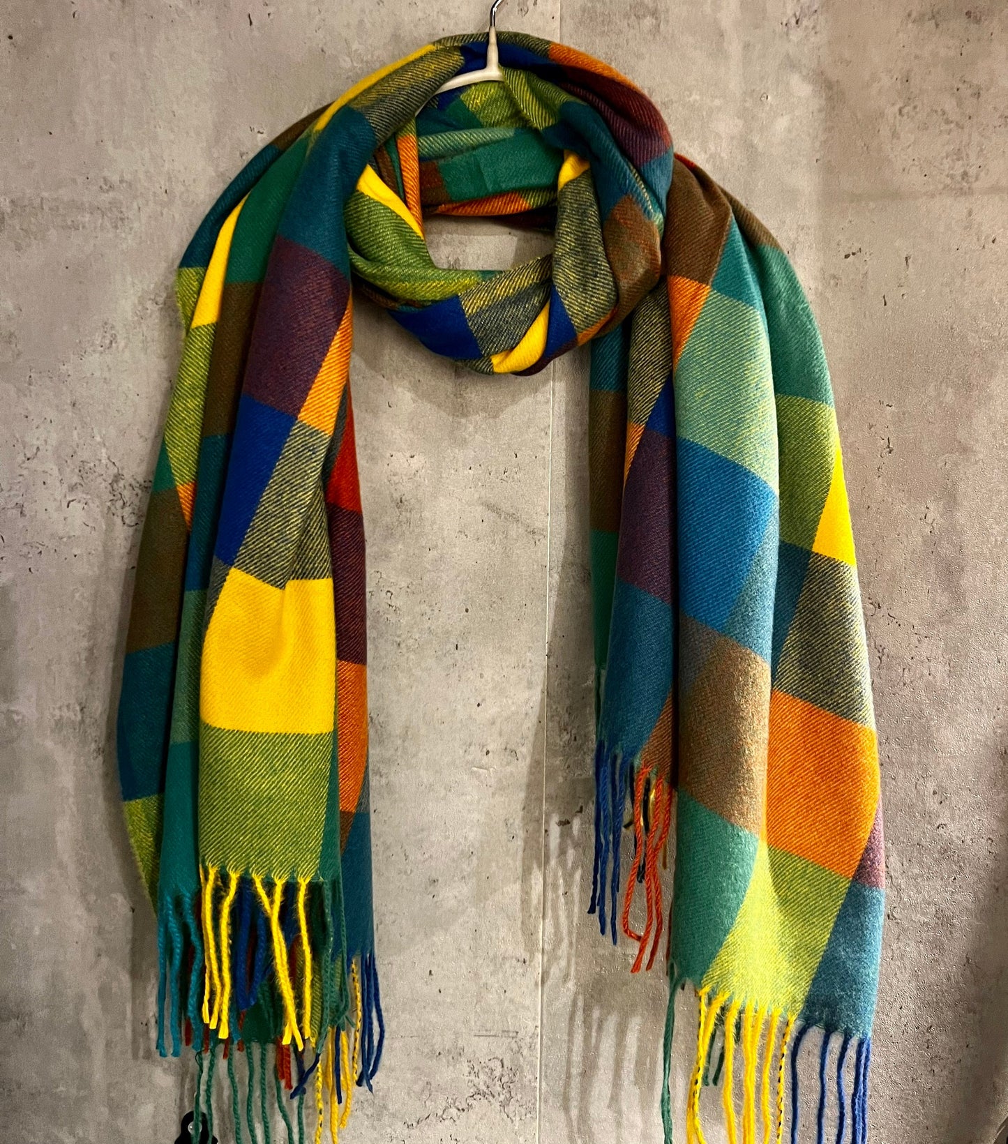 Checked Pattern Green Blue Yellow Cashmere Blend Scarf/Winter Autumn Scarf/Gifts For Mum/Gifts For Her/Scarf Women/Christmas Birthday Gift