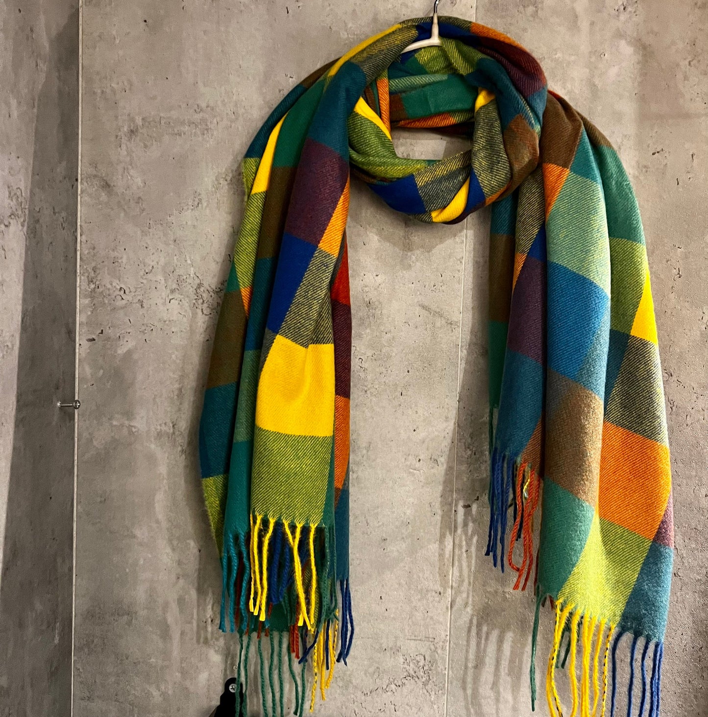 Checked Pattern Green Blue Yellow Cashmere Blend Scarf/Winter Autumn Scarf/Gifts For Mum/Gifts For Her/Scarf Women/Christmas Birthday Gift