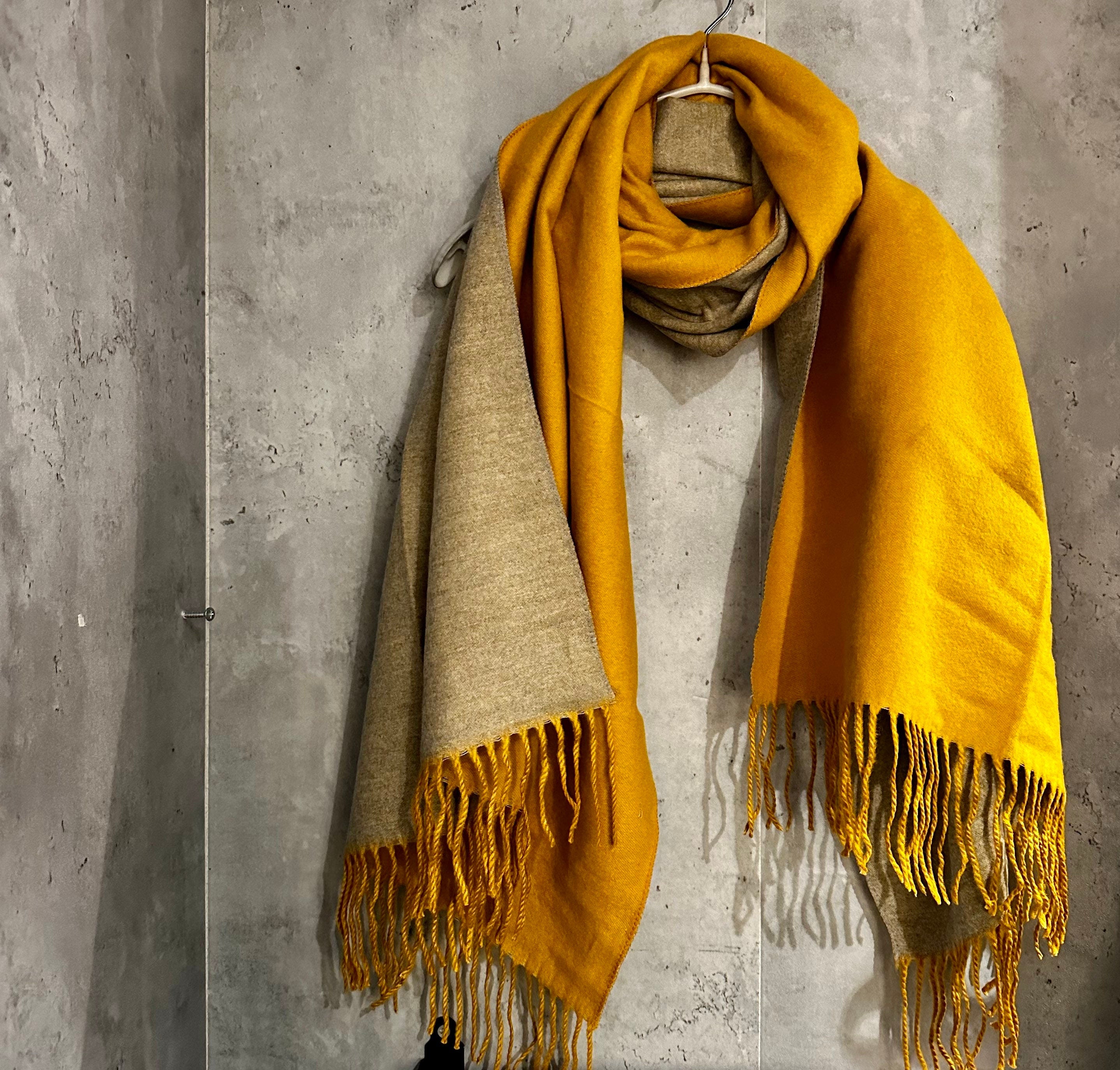 Double Sided Yellow Beige  Cashmere Blend Scarf