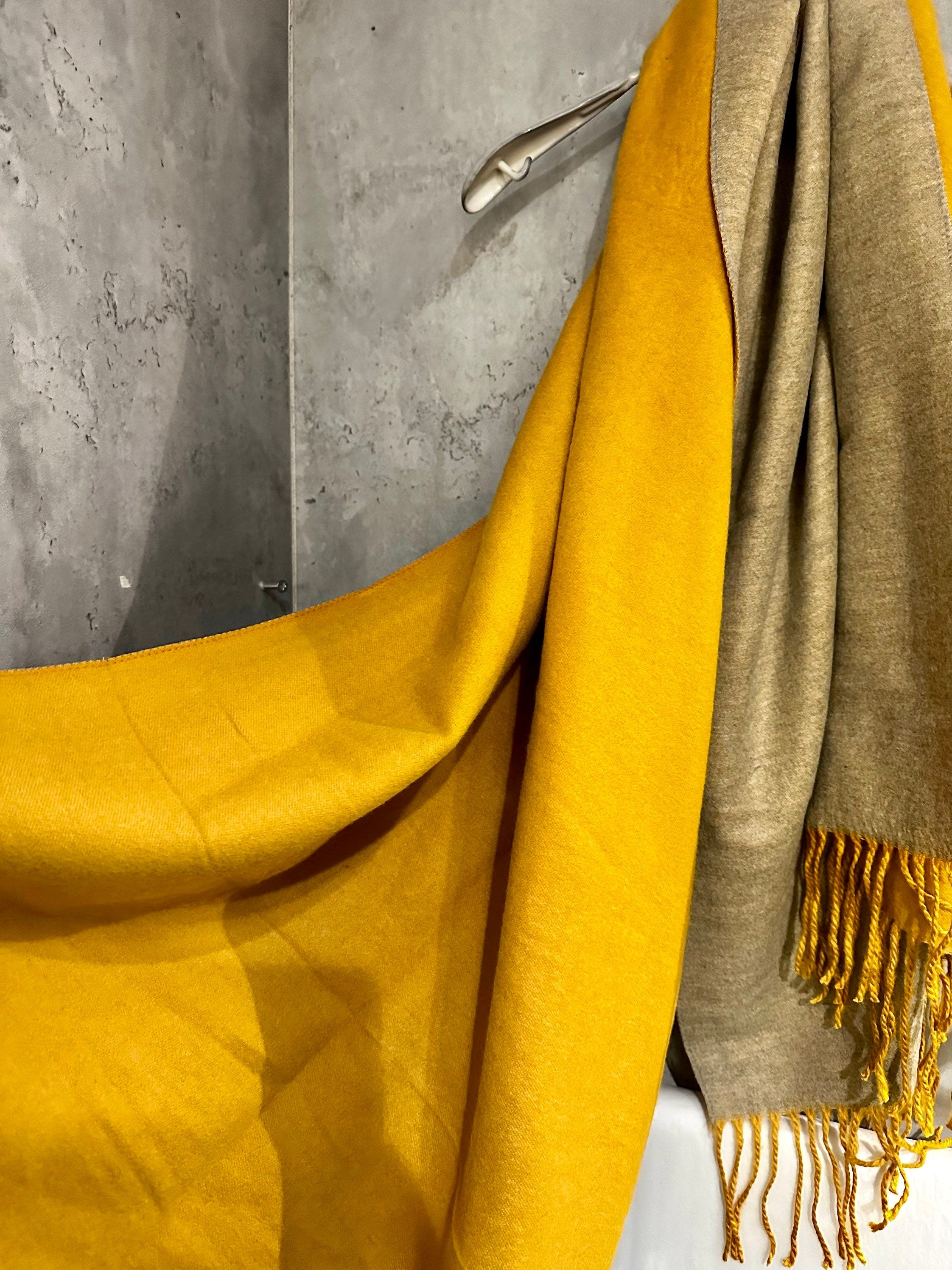 Double Sided Yellow Beige  Cashmere Blend Scarf