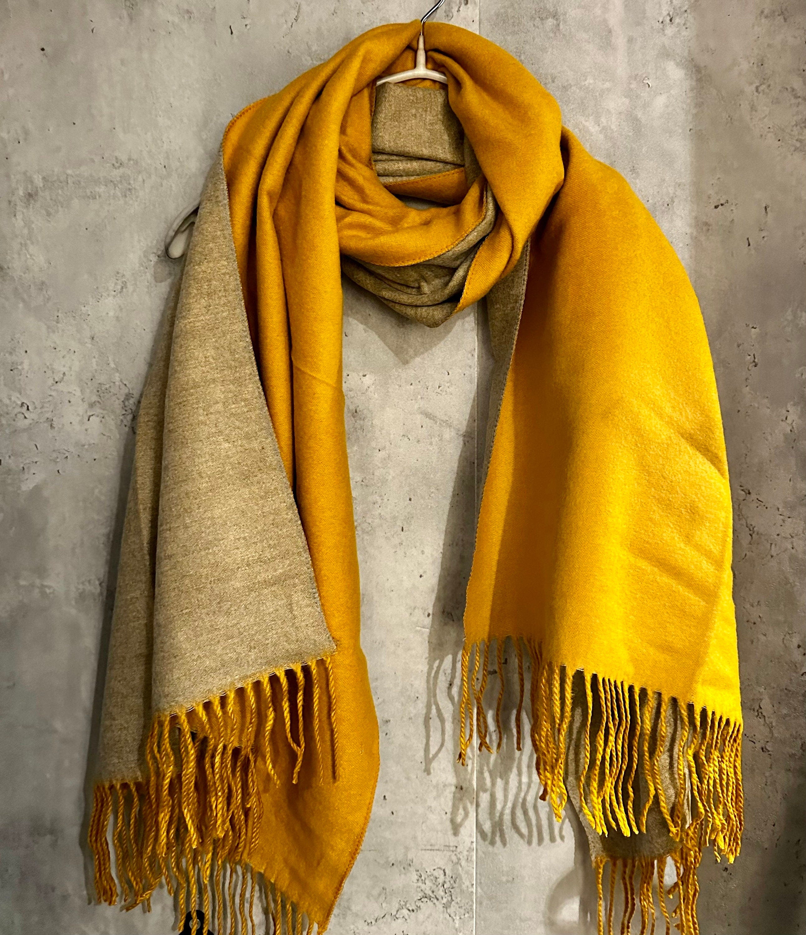 Double Sided Yellow Beige  Cashmere Blend Scarf