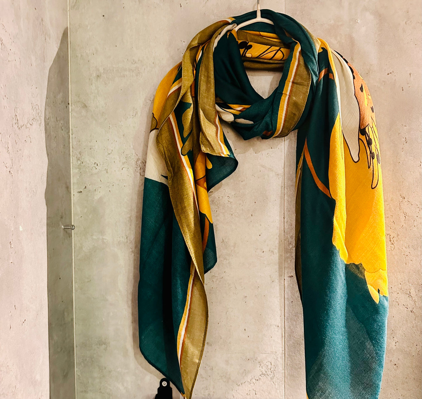 Large Sketched Peony Flower Organic Cotton Scarf in Green/Yellow,Eco-Friendly Accessory for all Season,Perfect Gift for Mother's Birthday.