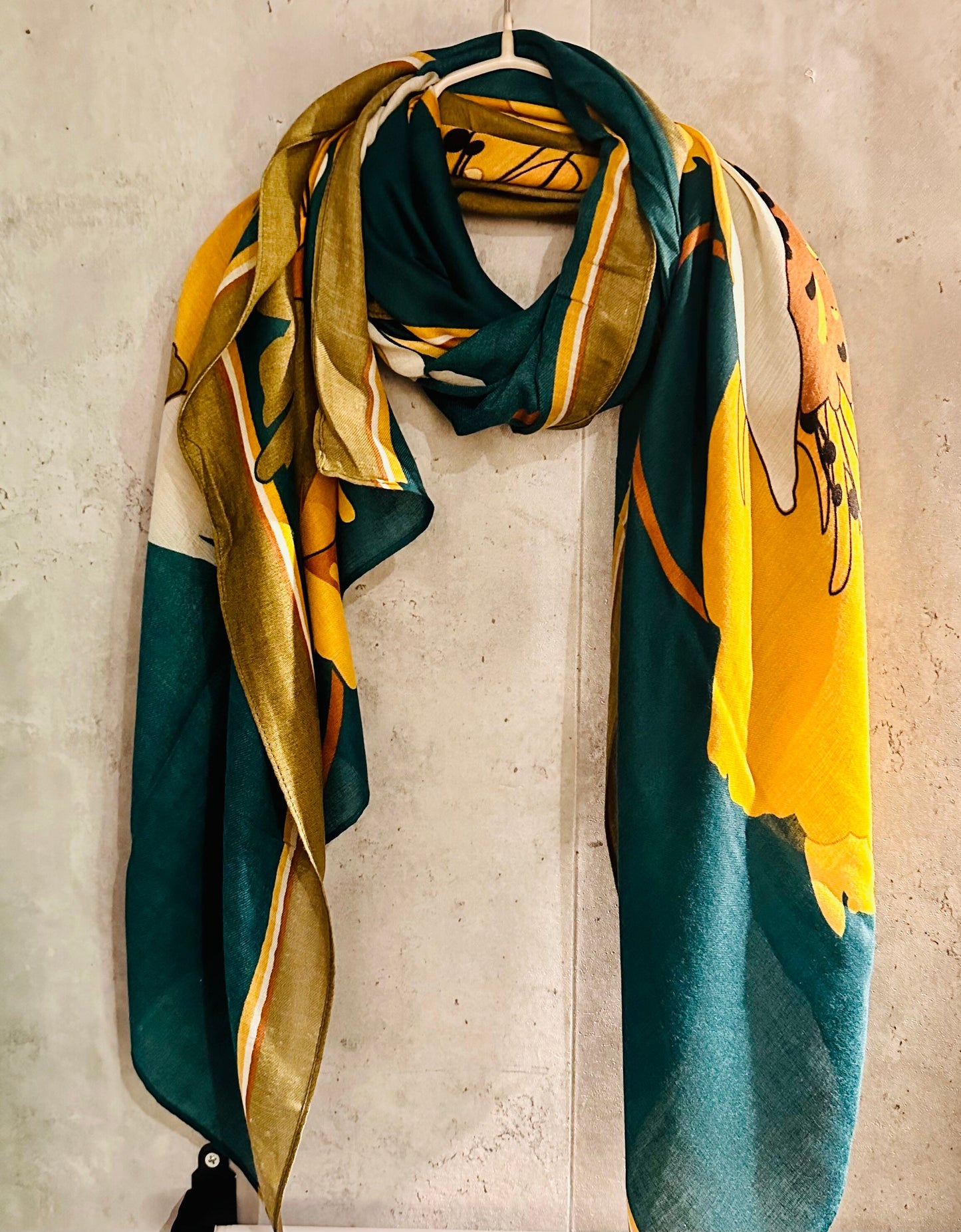 Large Sketched Peony Flower Organic Cotton Scarf in Green/Yellow,Eco-Friendly Accessory for all Season,Perfect Gift for Mother's Birthday.