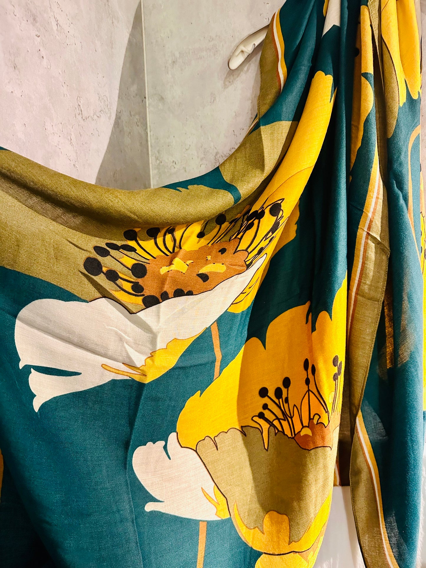 Large Sketched Peony Flower Organic Cotton Scarf in Green/Yellow,Eco-Friendly Accessory for all Season,Perfect Gift for Mother's Birthday.