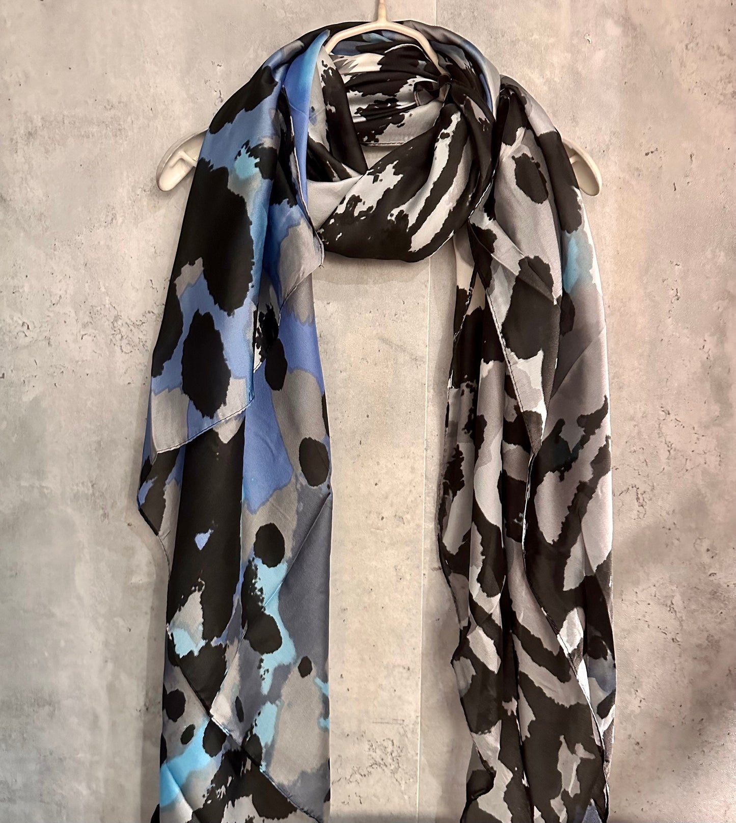 Blue Grey Silk Scarf with Artistic Splotches – A Stylish and Versatile Gift for Mom, Her, and All Celebrations