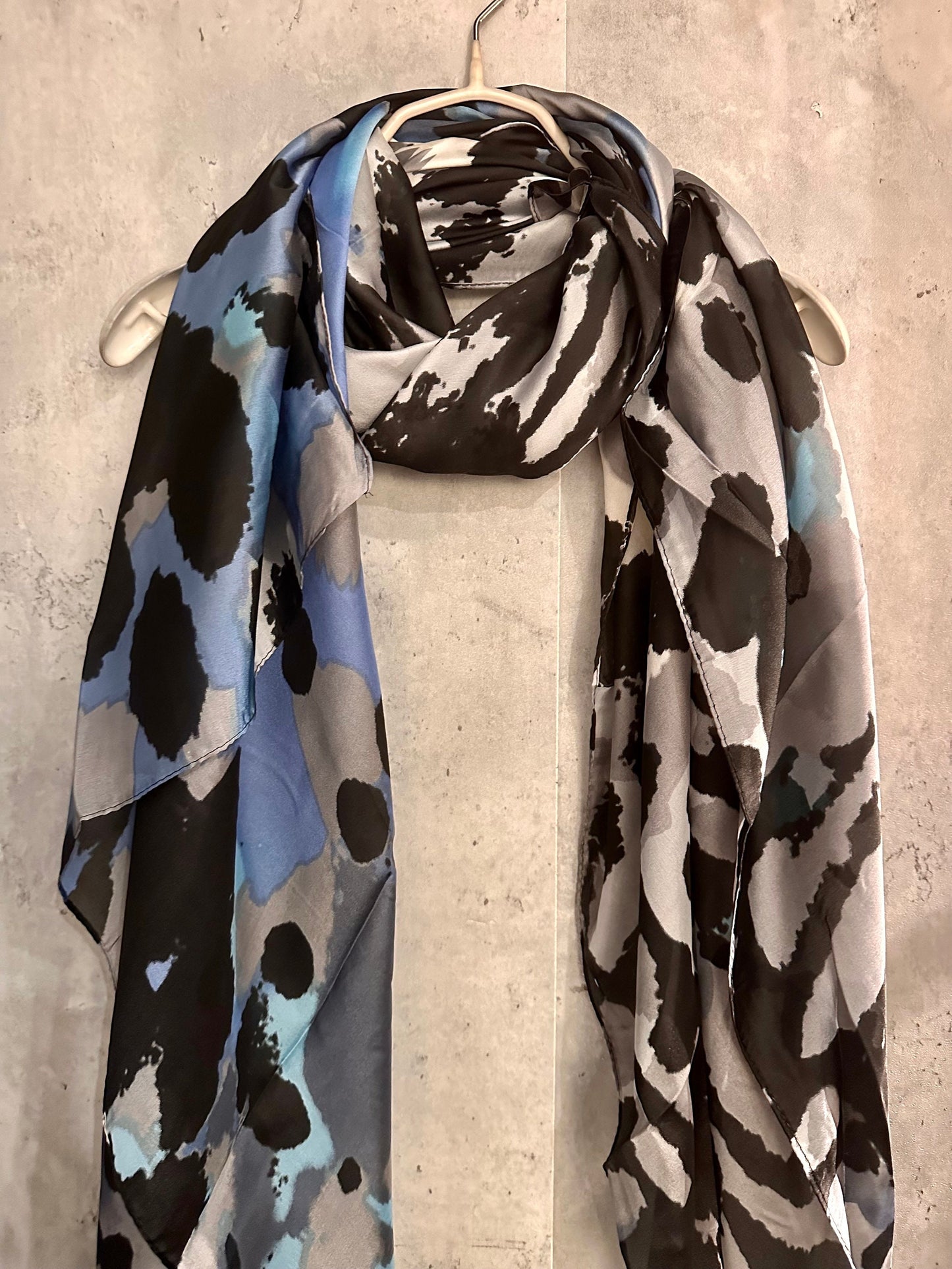 Blue Grey Silk Scarf with Artistic Splotches – A Stylish and Versatile Gift for Mom, Her, and All Celebrations