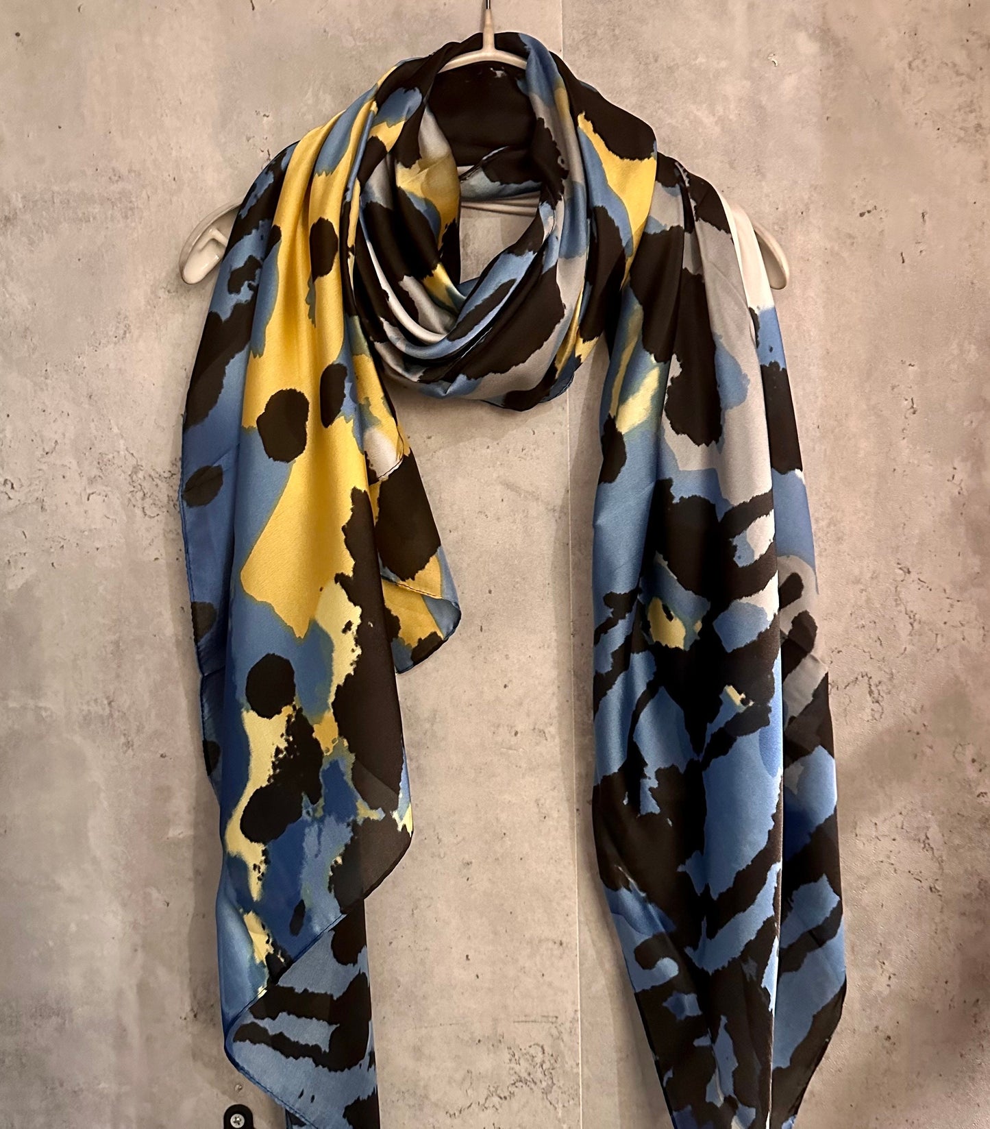 Blue Yellow Silk Scarf with Artistic Splotches – A Stylish and Versatile Gift for Mom, Her, and All Celebrations