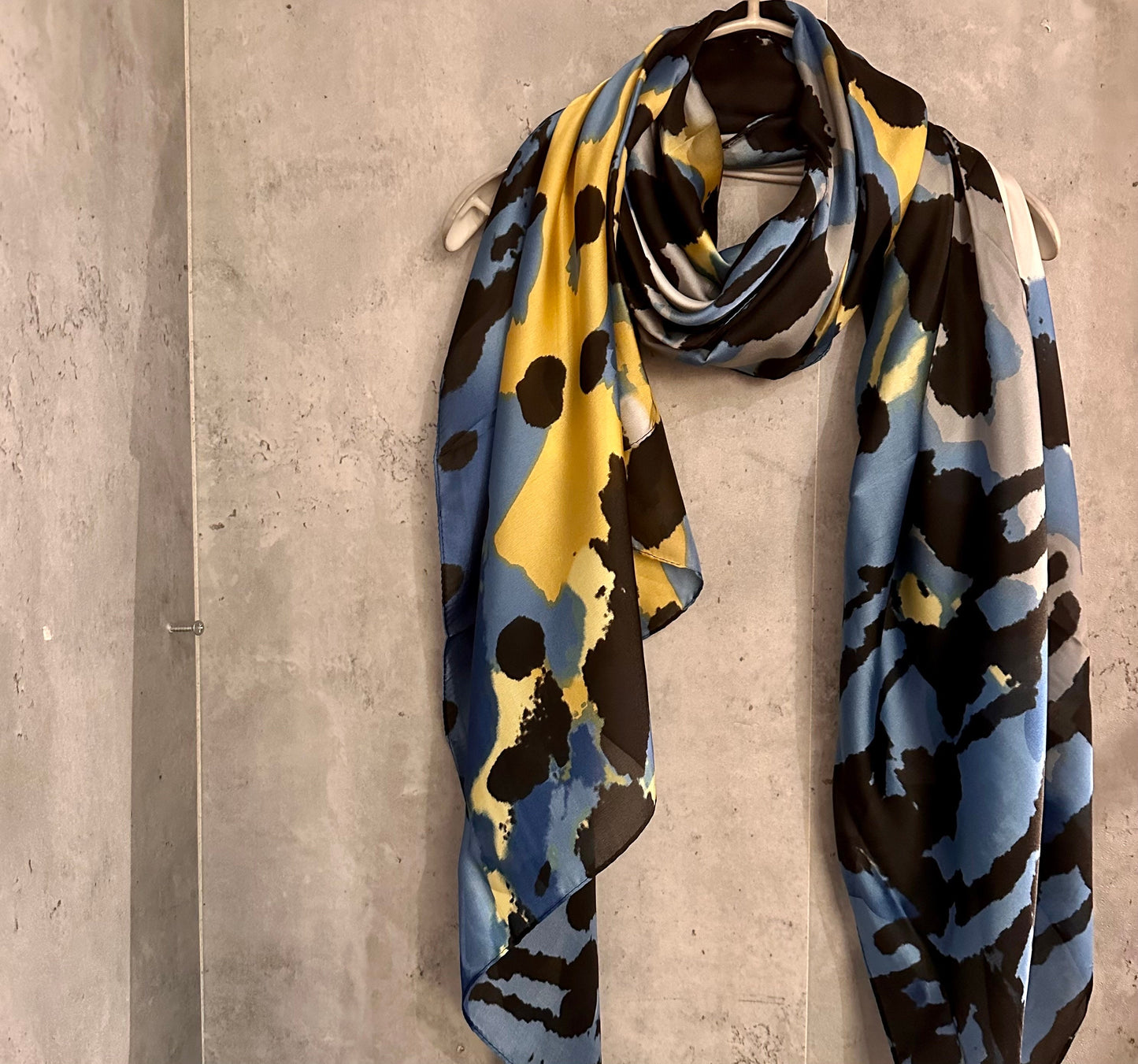Blue Yellow Silk Scarf with Artistic Splotches – A Stylish and Versatile Gift for Mom, Her, and All Celebrations