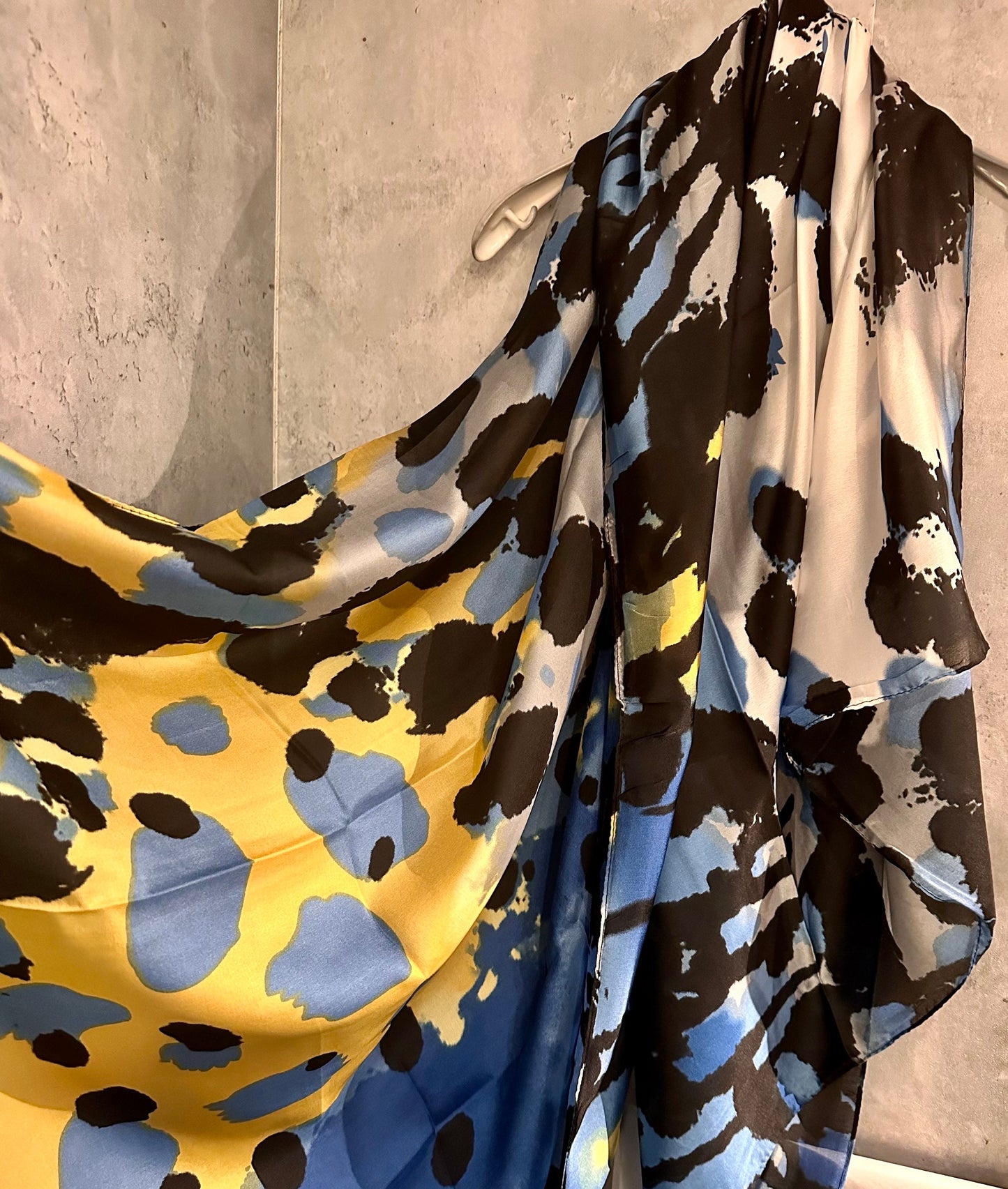 Blue Yellow Silk Scarf with Artistic Splotches – A Stylish and Versatile Gift for Mom, Her, and All Celebrations