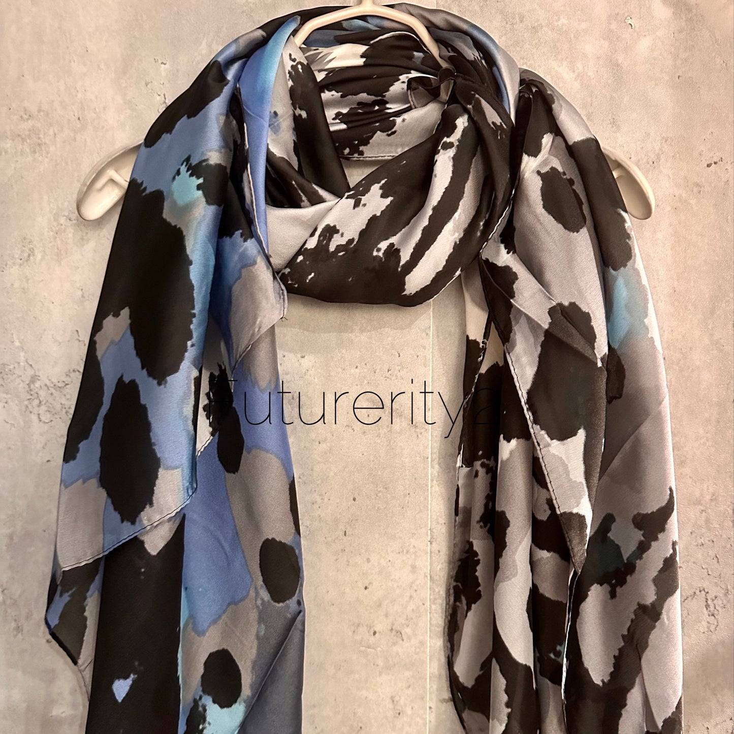 Blue Grey Silk Scarf with Artistic Splotches – A Stylish and Versatile Gift for Mom, Her, and All Celebrations