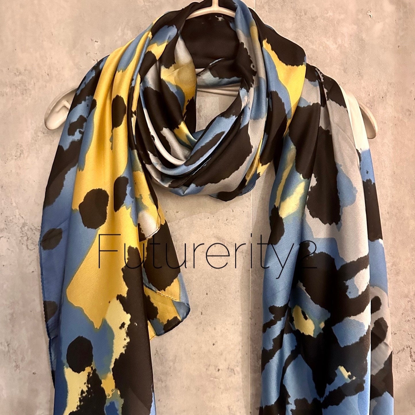 Blue Yellow Silk Scarf with Artistic Splotches – A Stylish and Versatile Gift for Mom, Her, and All Celebrations