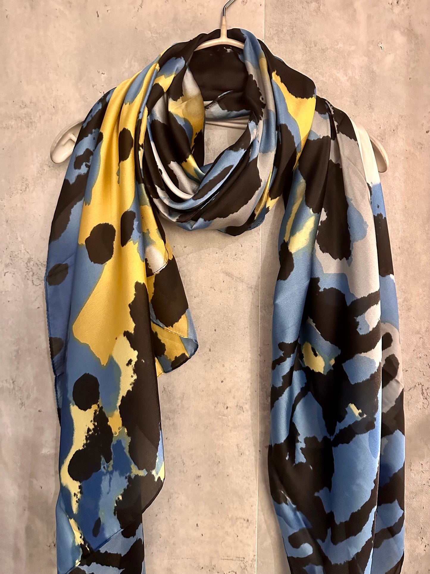 Blue Yellow Silk Scarf with Artistic Splotches – A Stylish and Versatile Gift for Mom, Her, and All Celebrations