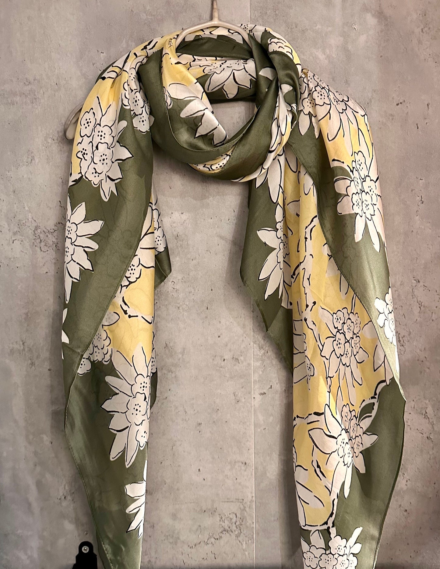 White Flowers Silk Blend Scarf/Green Yellow Scarf/Summer Autumn Scarf/Scarf Women/Gifts For Mom/Gifts For Her Birthday Christmas/UK Seller