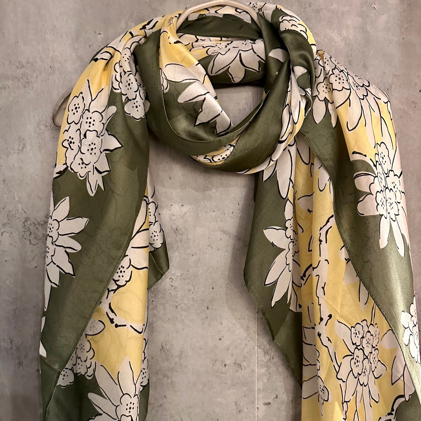 White Flowers Silk Blend Scarf/Green Yellow Scarf/Summer Autumn Scarf/Scarf Women/Gifts For Mom/Gifts For Her Birthday Christmas/UK Seller