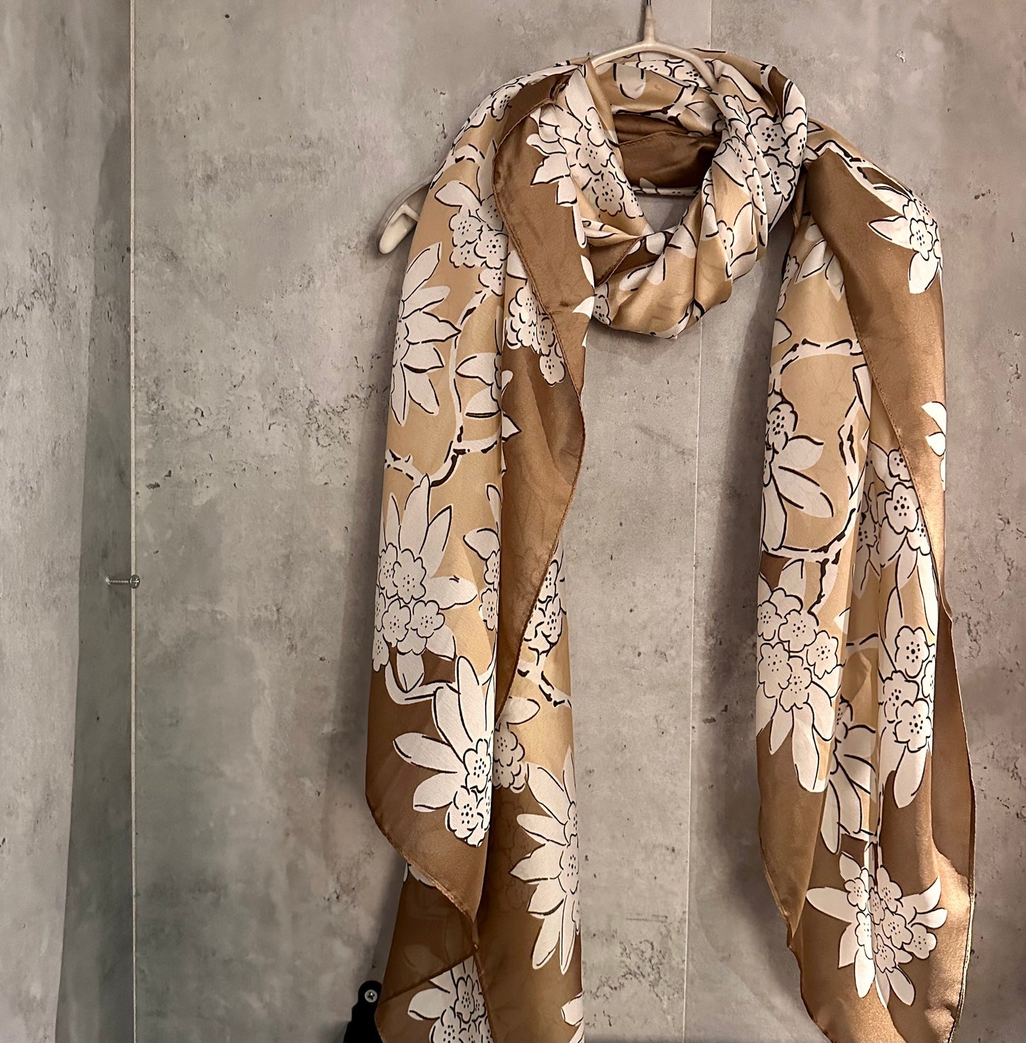White Flowers Silk Blend Scarf/Brown Scarf/Spring Summer Autumn Scarf/Scarf Women/Gifts For Mom/Gifts For Her Birthday Christmas/UK Seller
