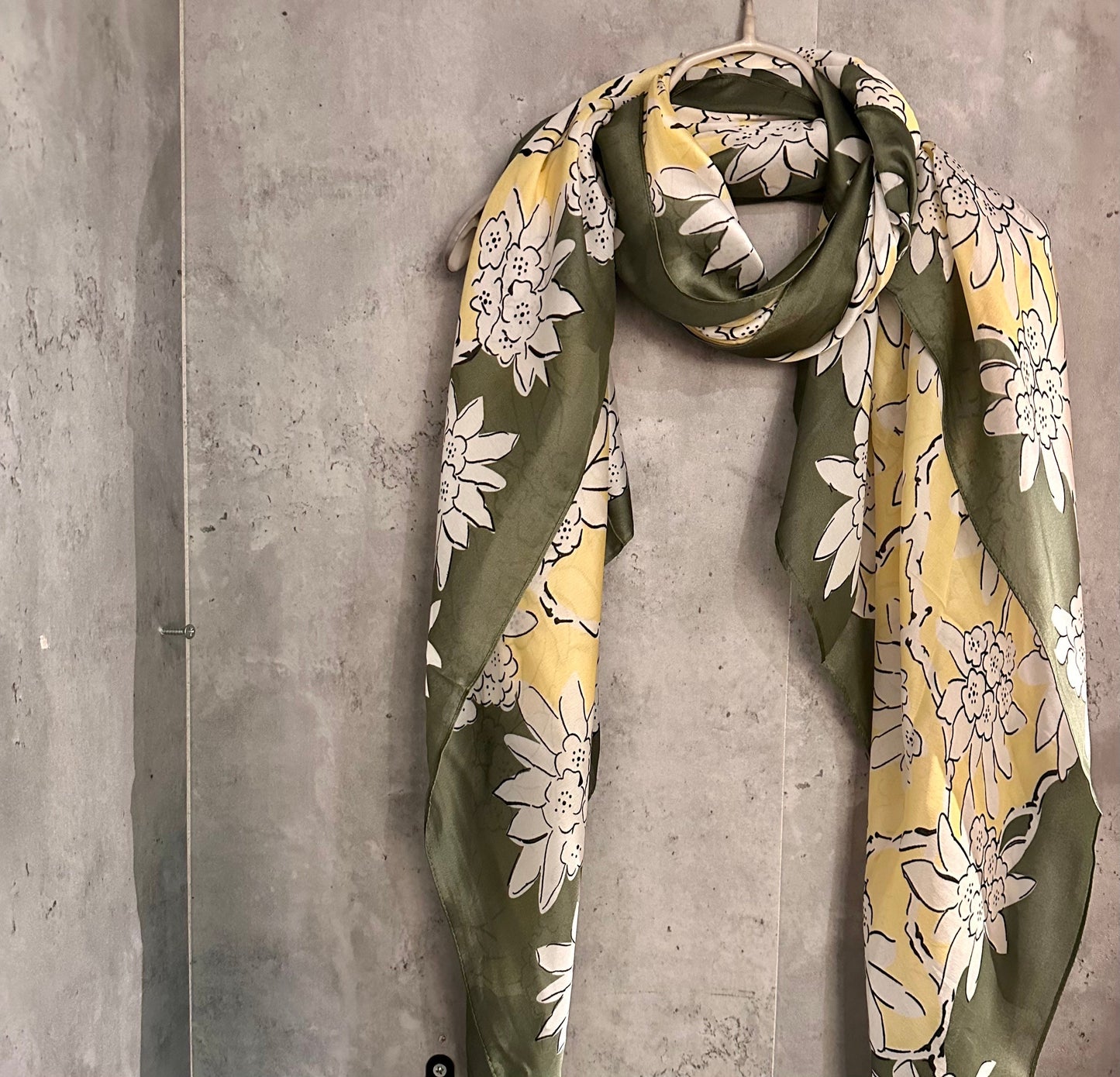 White Flowers Silk Blend Scarf/Green Yellow Scarf/Summer Autumn Scarf/Scarf Women/Gifts For Mom/Gifts For Her Birthday Christmas/UK Seller