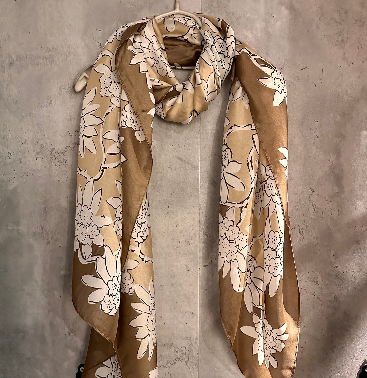 White Flowers Silk Blend Scarf/Brown Scarf/Spring Summer Autumn Scarf/Scarf Women/Gifts For Mom/Gifts For Her Birthday Christmas/UK Seller