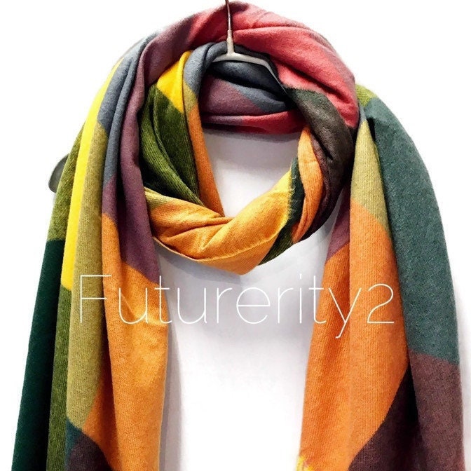 Blocks Pattern Orange Green Cashmere Blend Scarf/Winter Autumn Scarf/Gifts For Mother/Gifts For Her/Scarves Women/Christmas Birthday Gifts