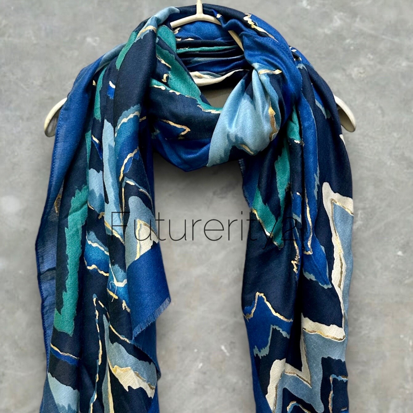 Blue Cotton Scarf Featuring Zigzag Pattern and Gold Accents.A Stylish and Versatile Accessory for All Season,Ideal Gift for Her,Mom