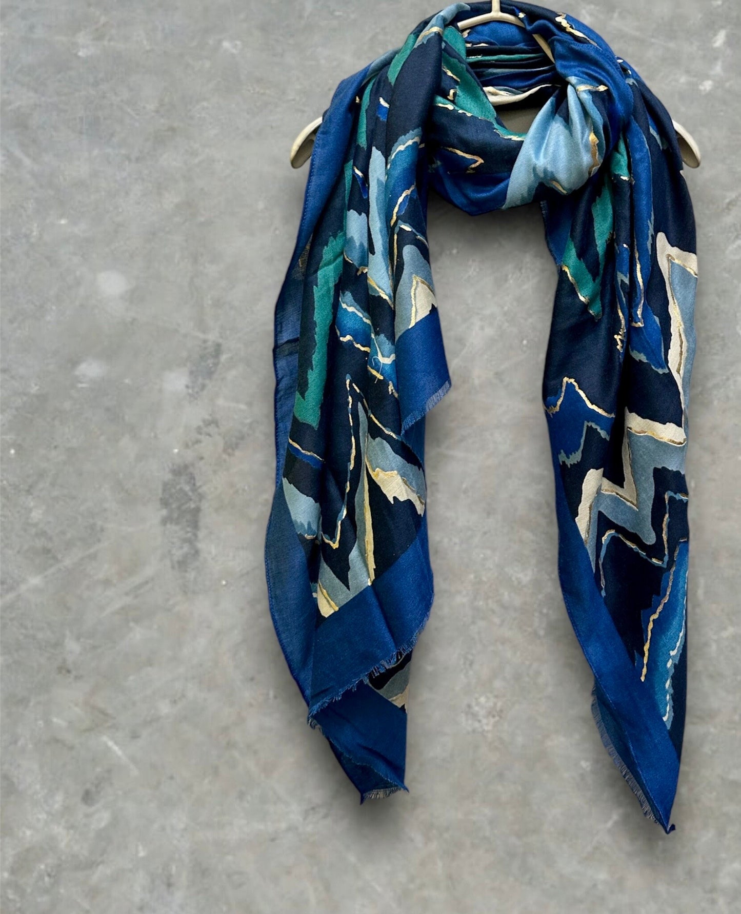 Blue Cotton Scarf Featuring Zigzag Pattern and Gold Accents.A Stylish and Versatile Accessory for All Season,Ideal Gift for Her,Mom
