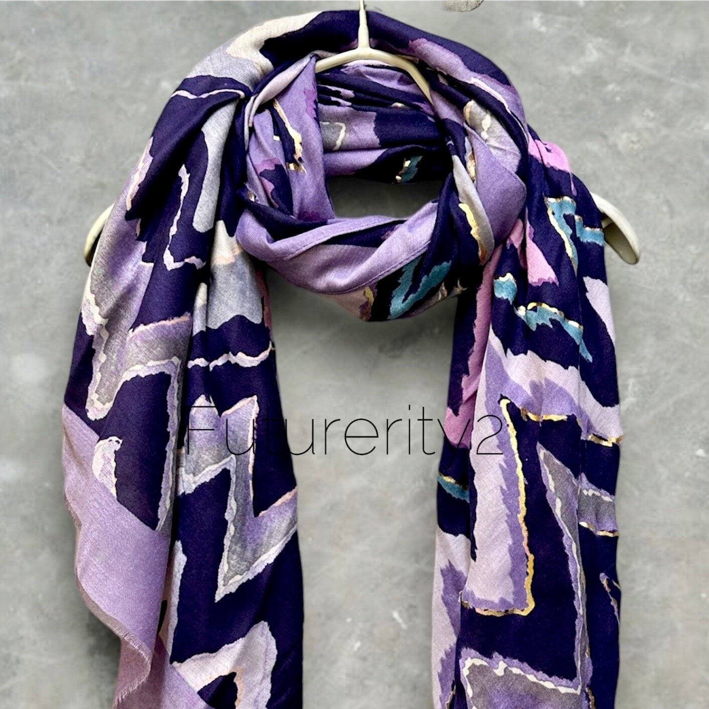 Purple Cotton Scarf with Zigzag Pattern and Gold Accents – A Versatile Gift for Her, Year-Round