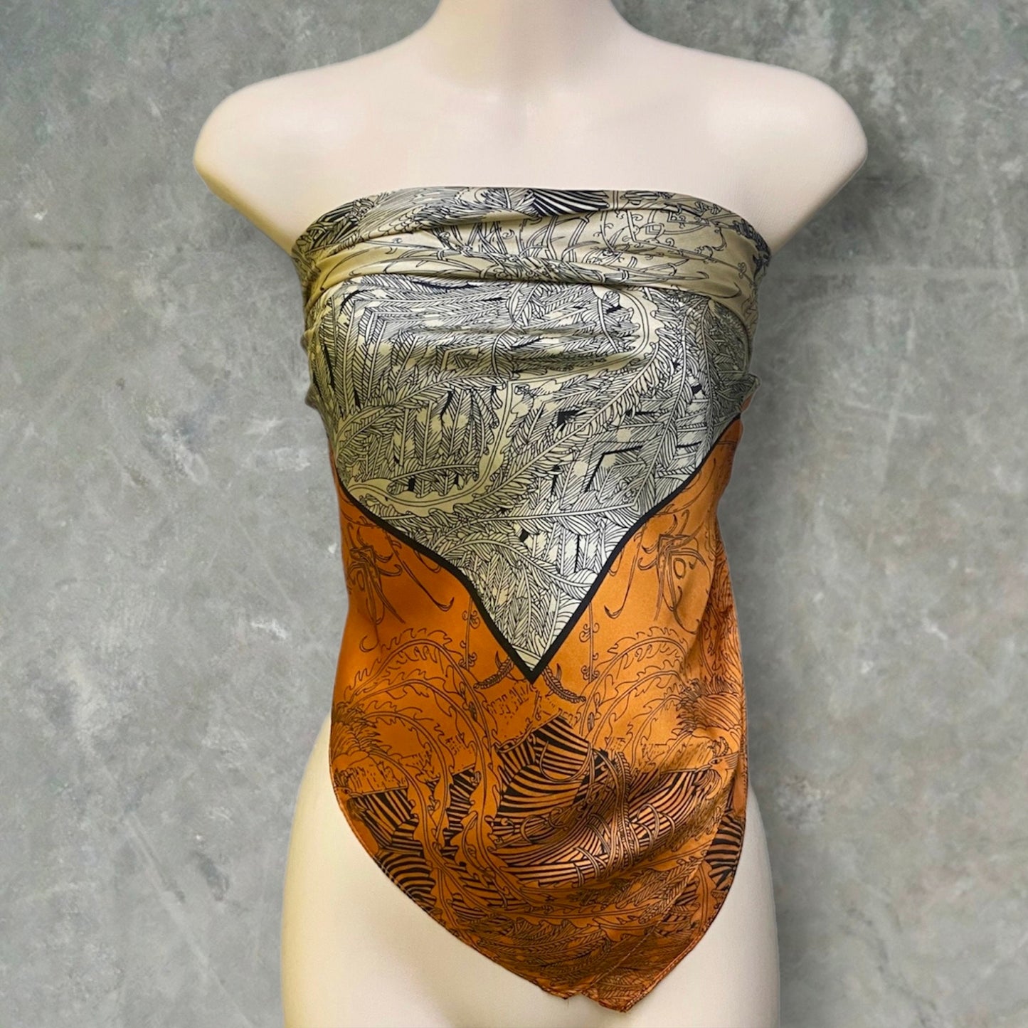 Gold Beige Silk Square Scarf with Sketched Phoenix Pattern – A Stunning Gift for Her.