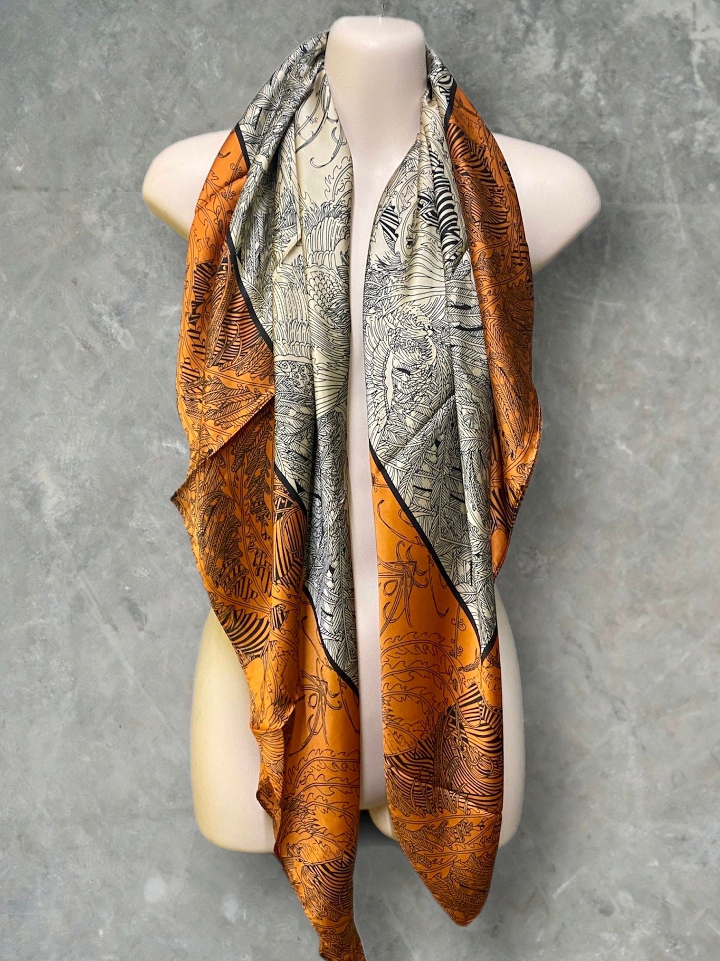 Gold Beige Silk Square Scarf with Sketched Phoenix Pattern – A Stunning Gift for Her.