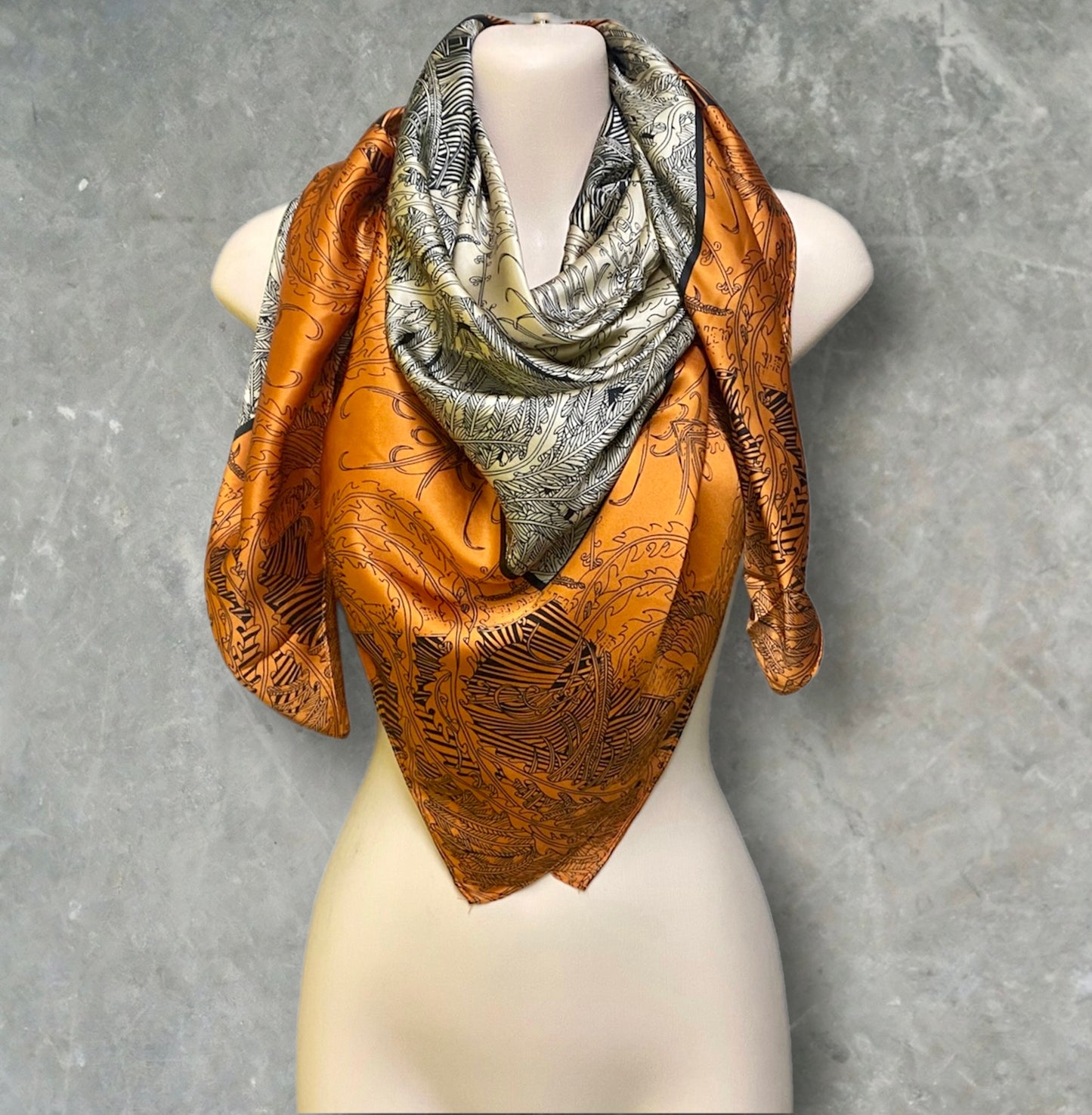 Gold Beige Silk Square Scarf with Sketched Phoenix Pattern – A Stunning Gift for Her.