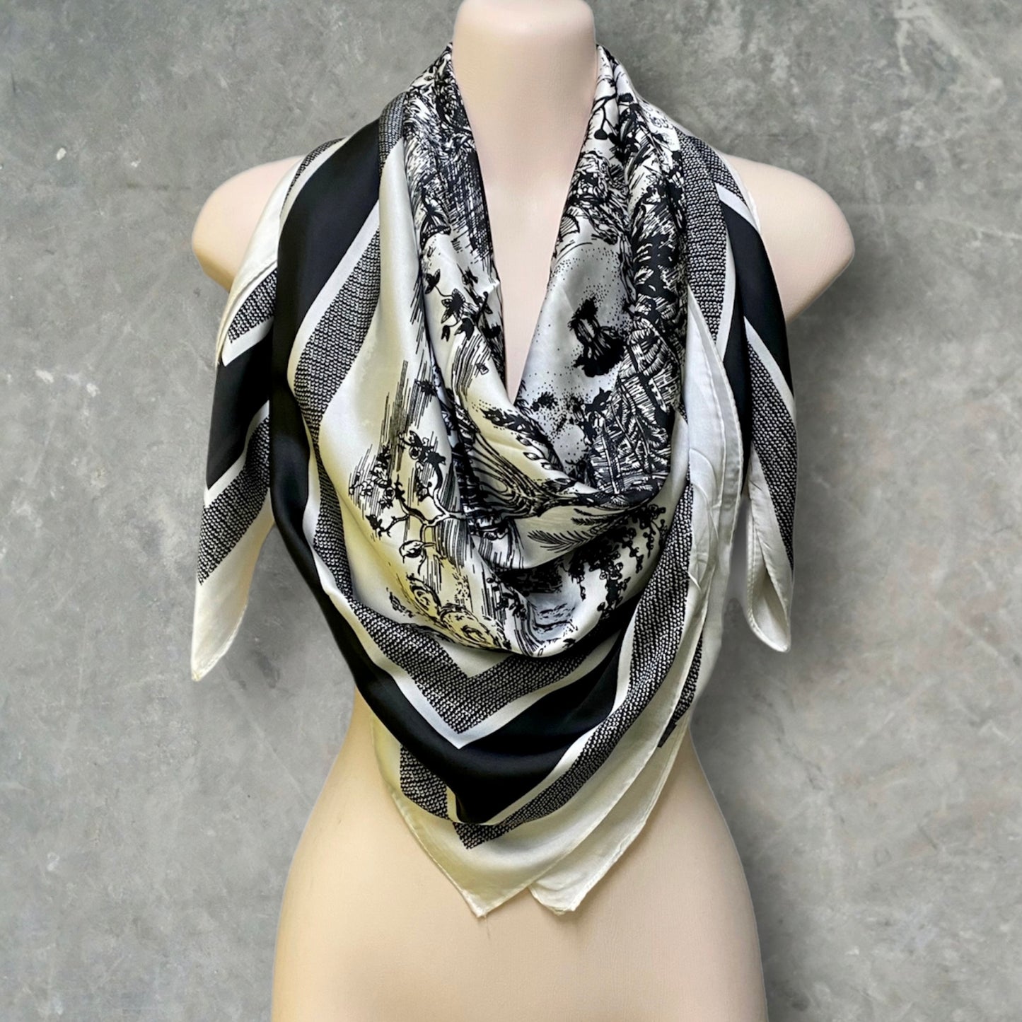 Black And Grey Silk Square Scarf with Sketched Forest Pattern – A Timeless Gift for Her, Any Occasion
