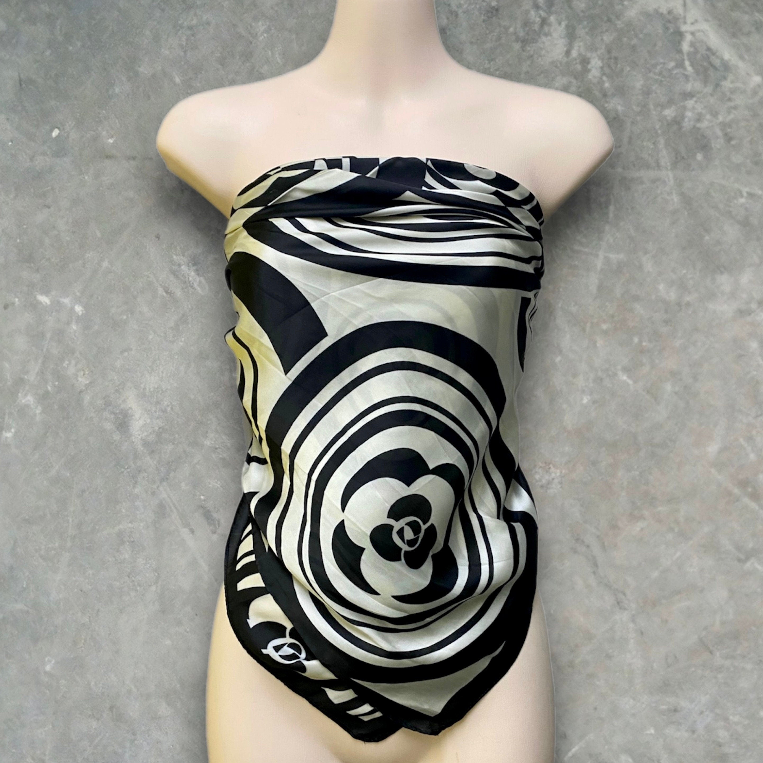 Black and White Silk Blend Square Scarf with Camellia Flowers Pattern – A Timeless Gift for Her, Any Occasion