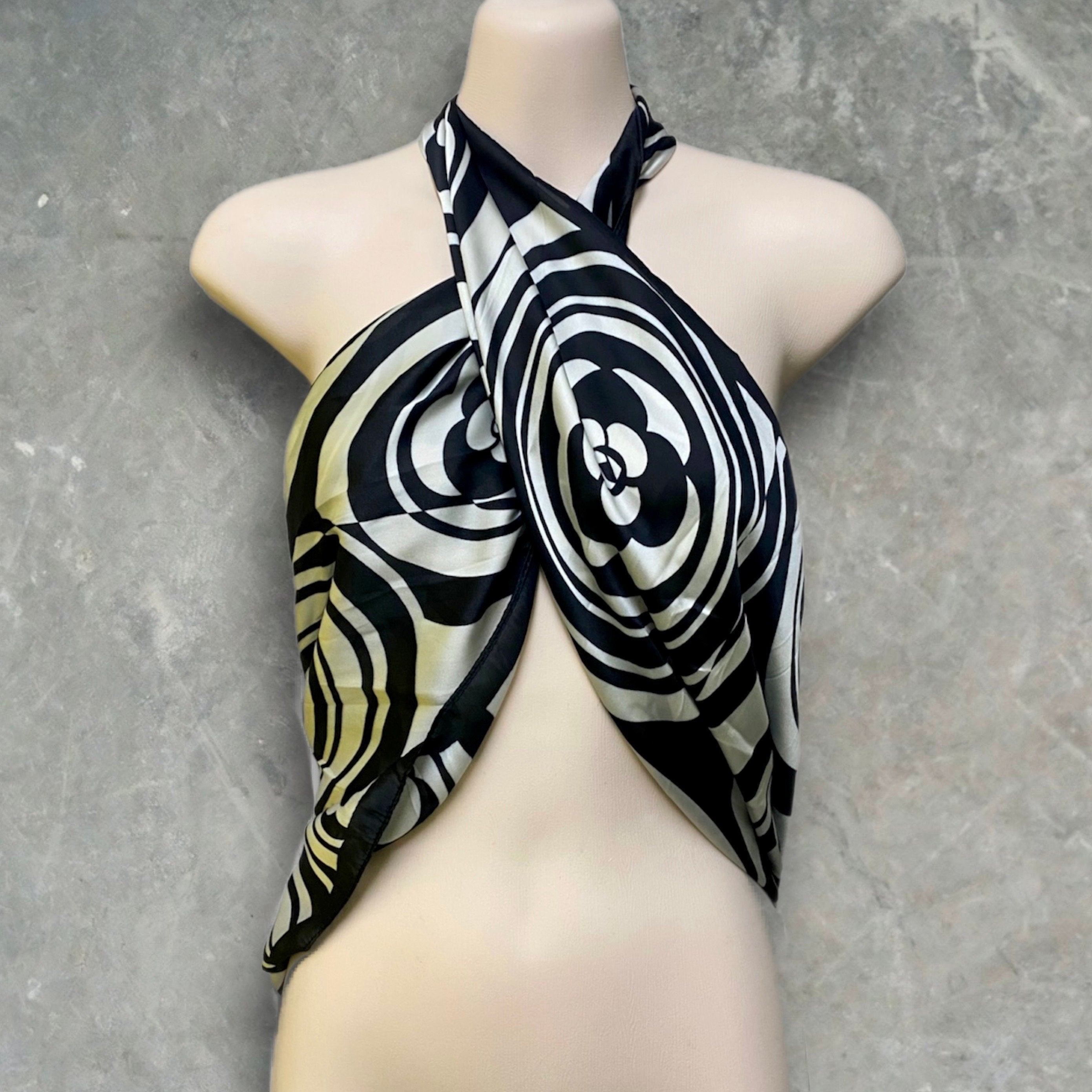 Black and White Silk Blend Square Scarf with Camellia Flowers Pattern – A Timeless Gift for Her, Any Occasion