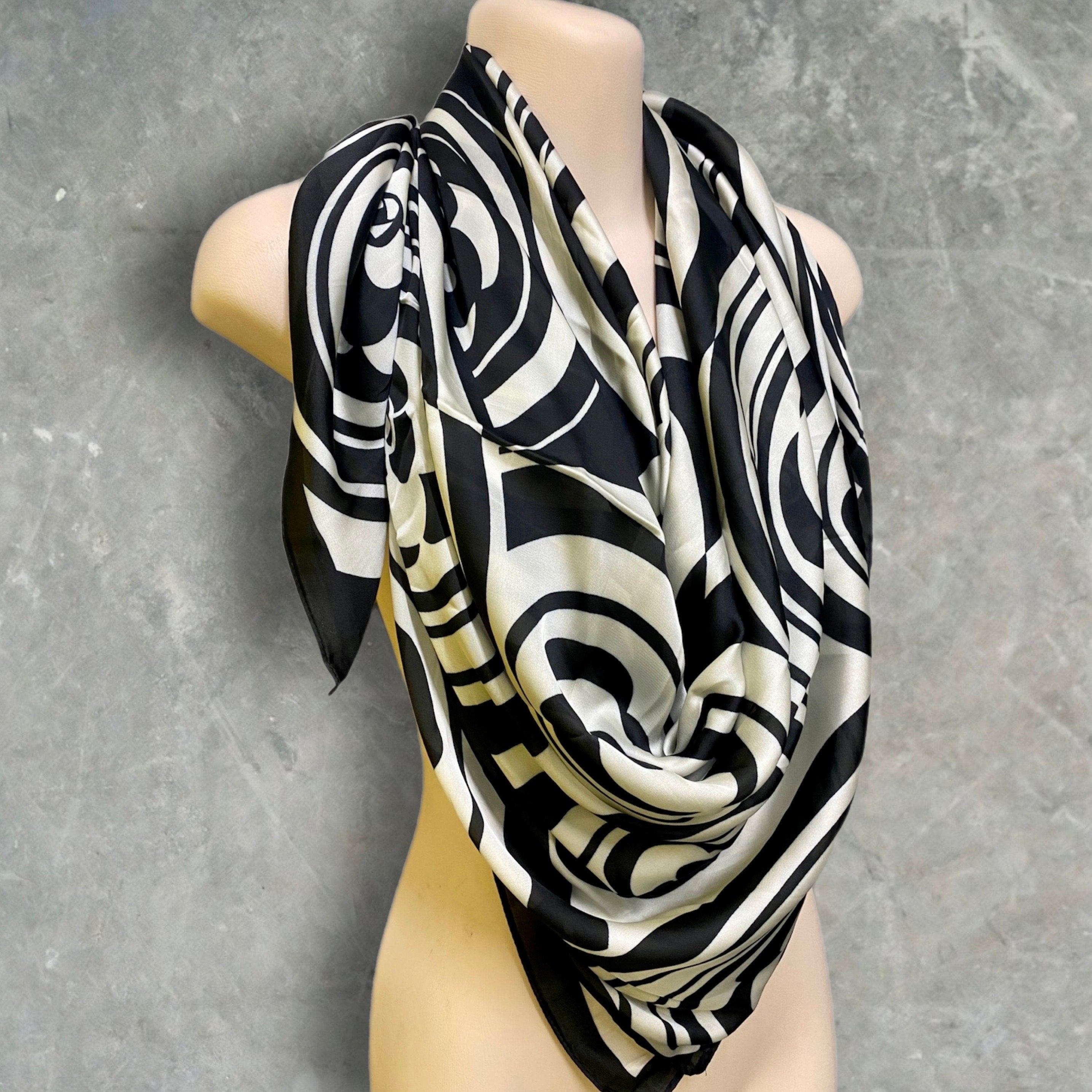 Black and White Silk Blend Square Scarf with Camellia Flowers Pattern – A Timeless Gift for Her, Any Occasion