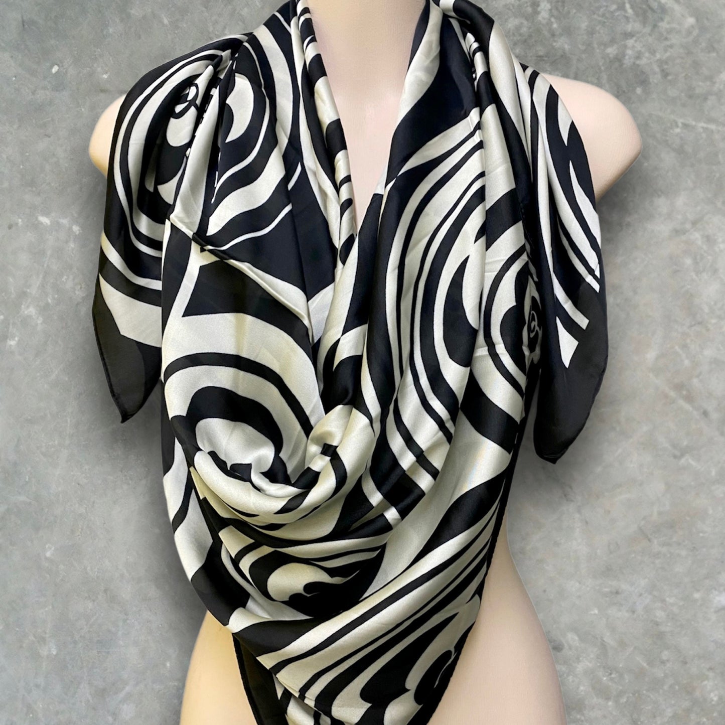 Black and White Silk Square Scarf with Camellia Flowers Pattern – A Timeless Gift for Her, Any Occasion
