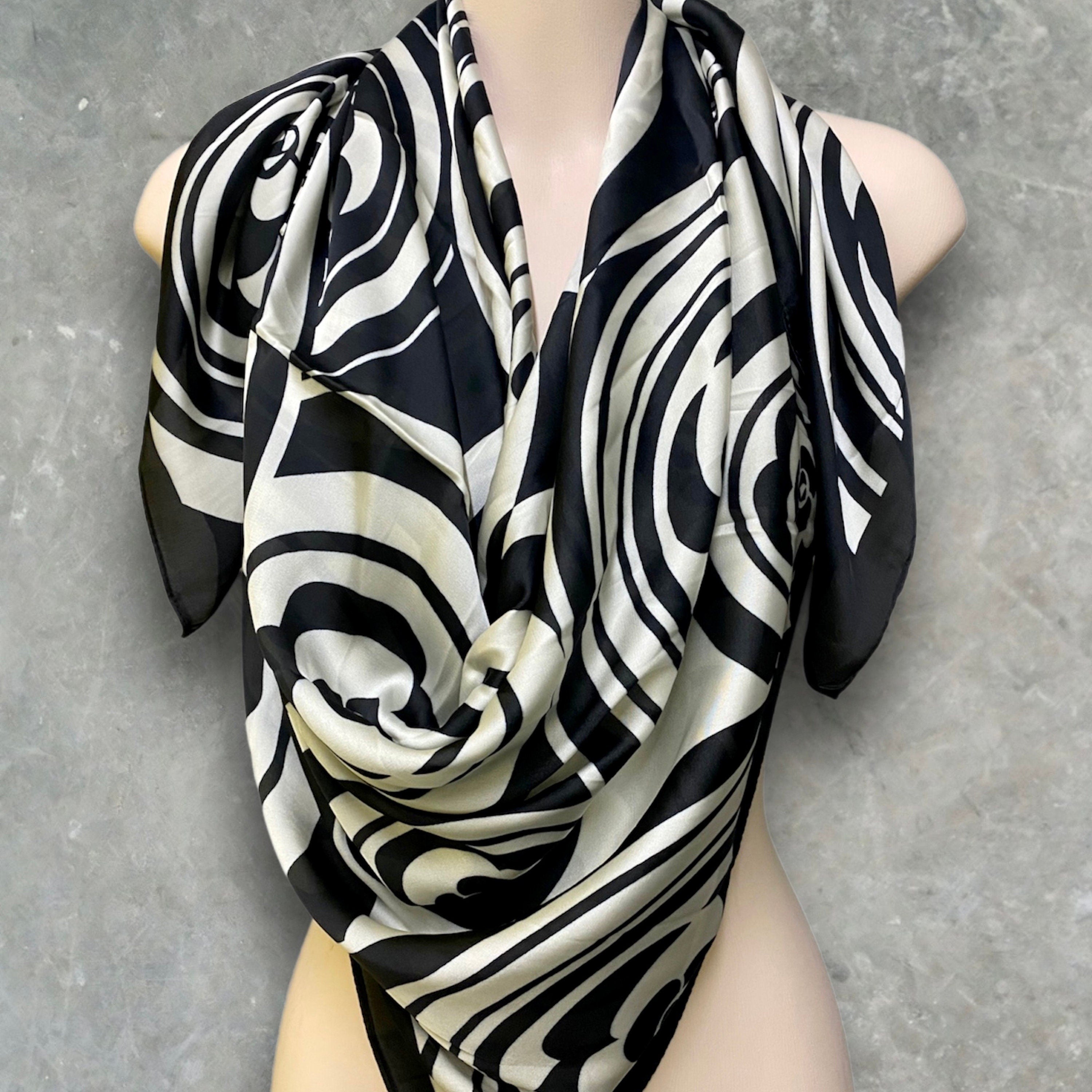 Black and White Silk Blend Square Scarf with Camellia Flowers Pattern – A Timeless Gift for Her, Any Occasion