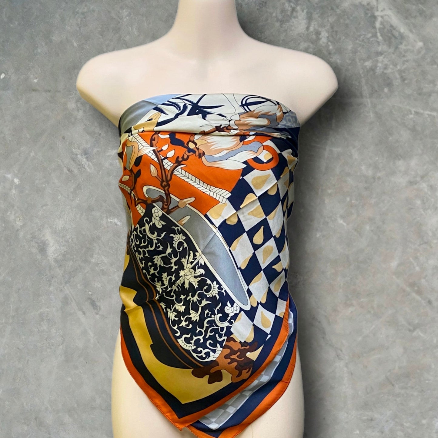 Navy Blue Silk Square Scarf with Japanese Kimono Pattern – A Stylish Gift for Her