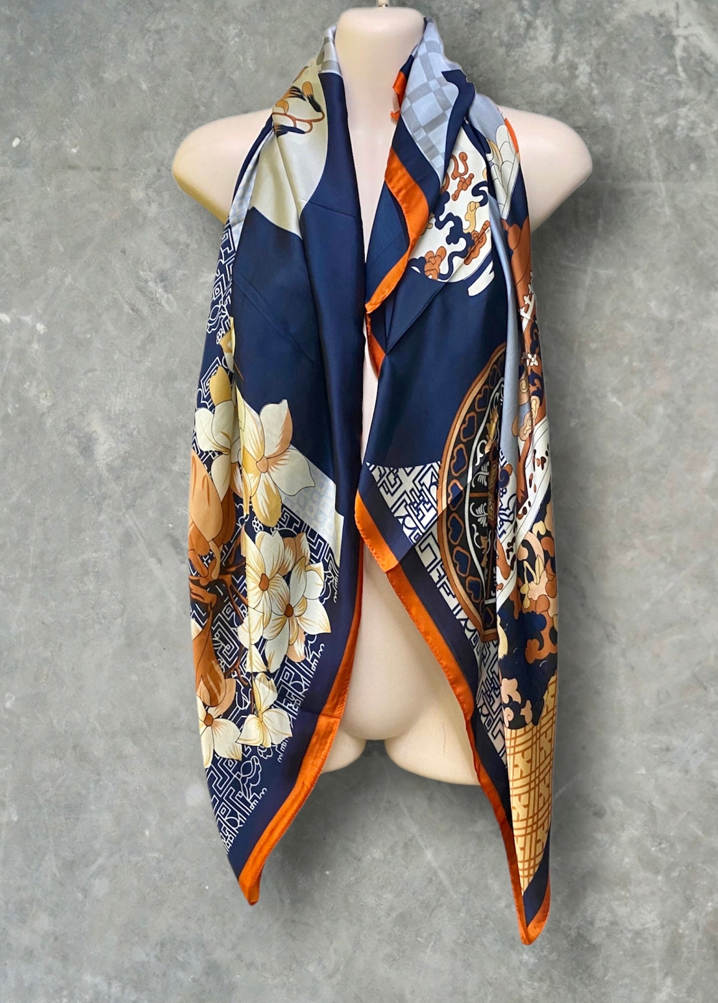 Navy Blue Silk Square Scarf with Japanese Kimono Pattern – A Stylish Gift for Her