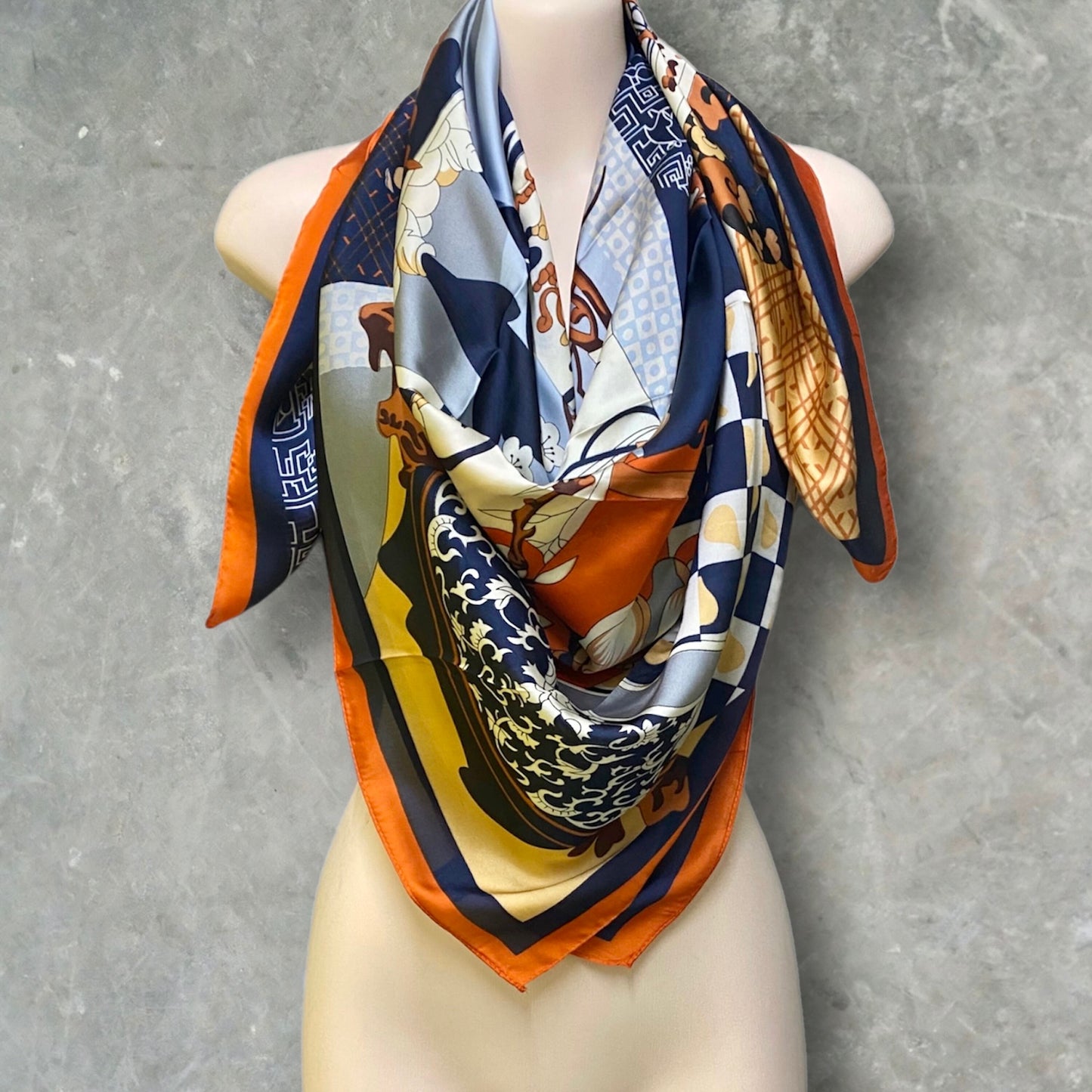 Navy Blue Silk Square Scarf with Japanese Kimono Pattern – A Stylish Gift for Her