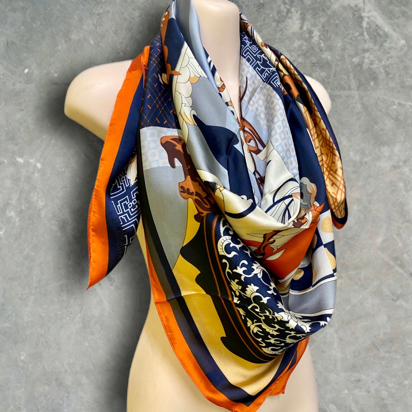 Navy Blue Silk Square Scarf with Japanese Kimono Pattern – A Stylish Gift for Her