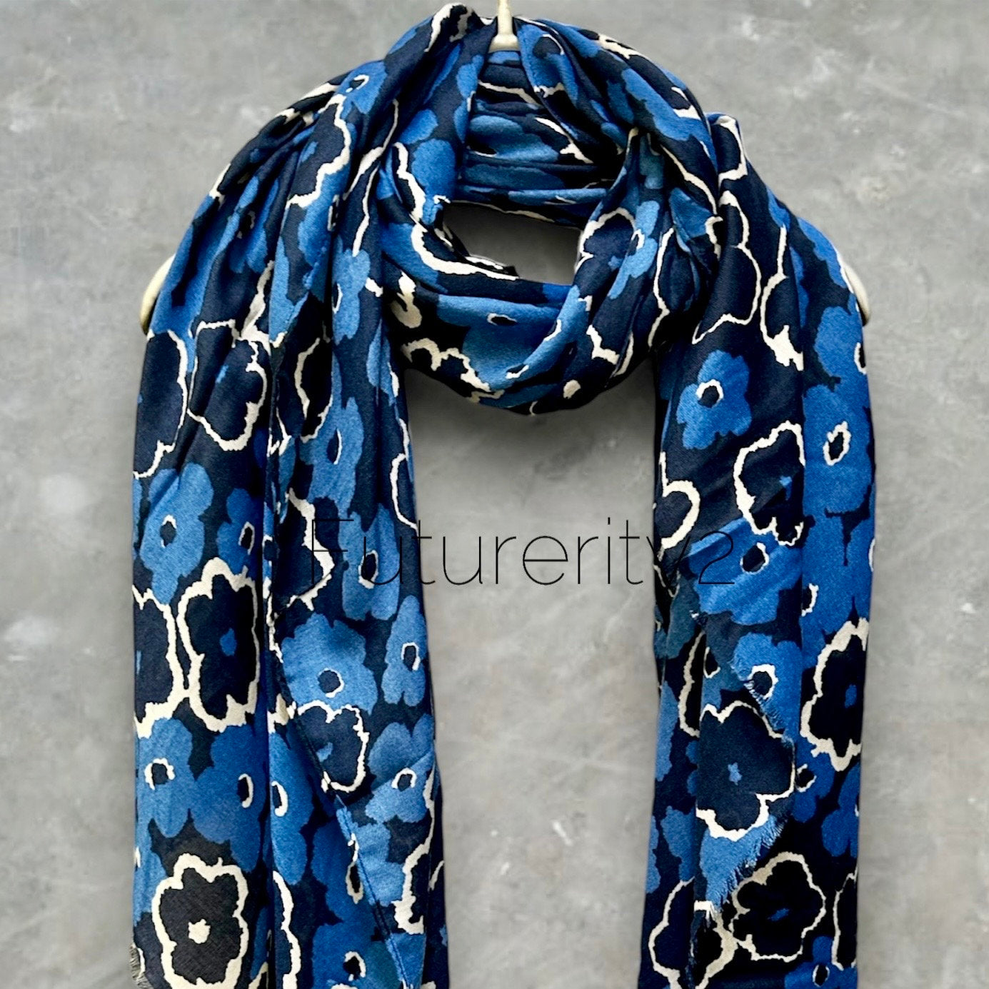 Blue Sketched Poppy Pattern Scarf. Versatile Cotton Blend for Summer, Autumn and Winter. An Ideal Gift for Her Birthday or Christmas.