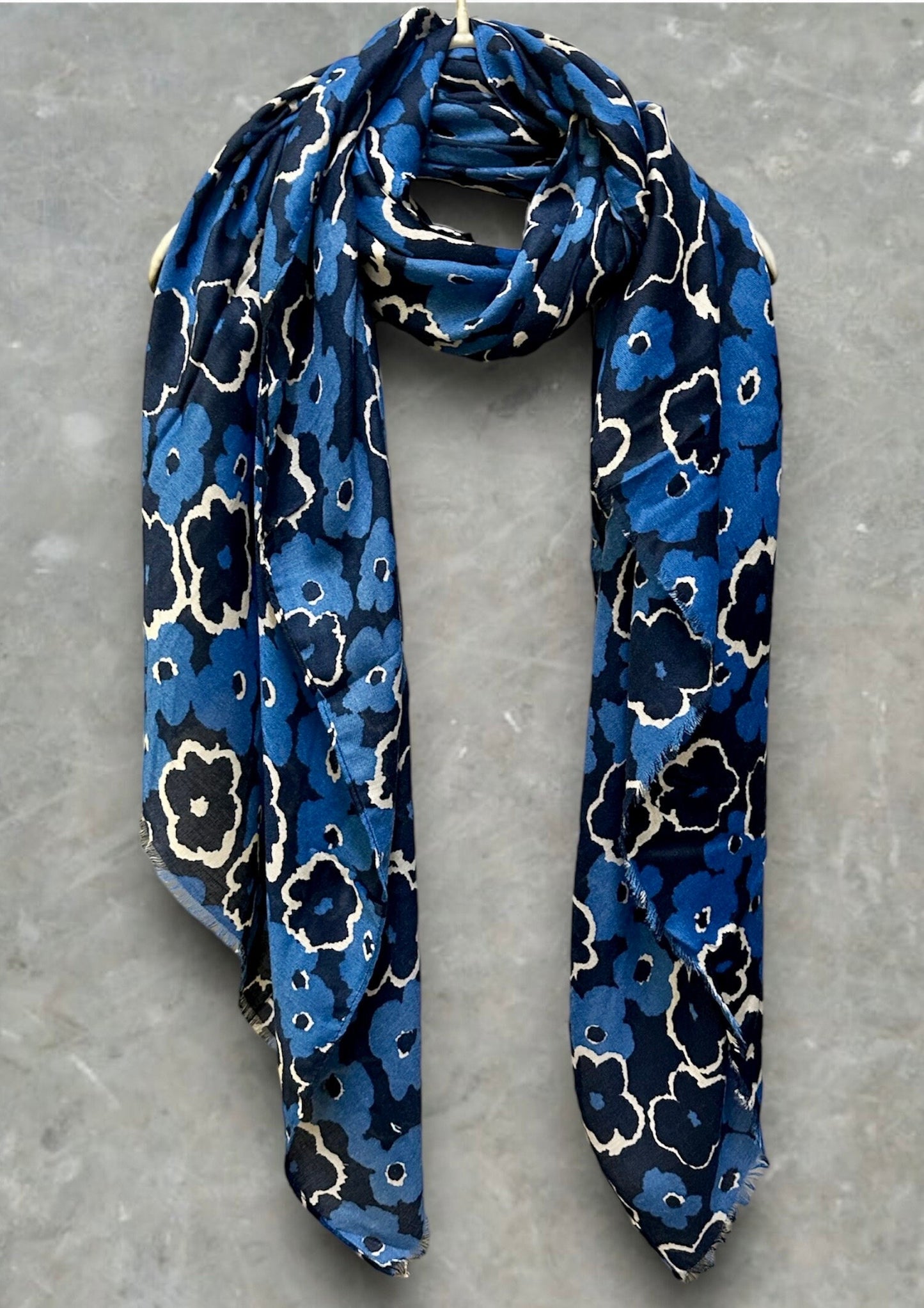 Blue Sketched Poppy Pattern Scarf. Versatile Cotton Blend for Summer, Autumn and Winter. An Ideal Gift for Her Birthday or Christmas.