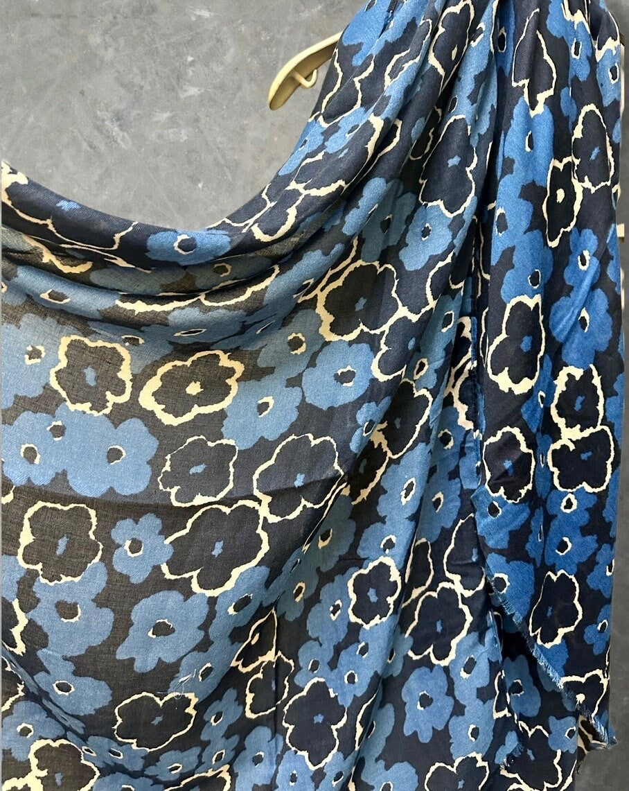 Blue Sketched Poppy Pattern Scarf. Versatile Cotton Blend for Summer, Autumn and Winter. An Ideal Gift for Her Birthday or Christmas.