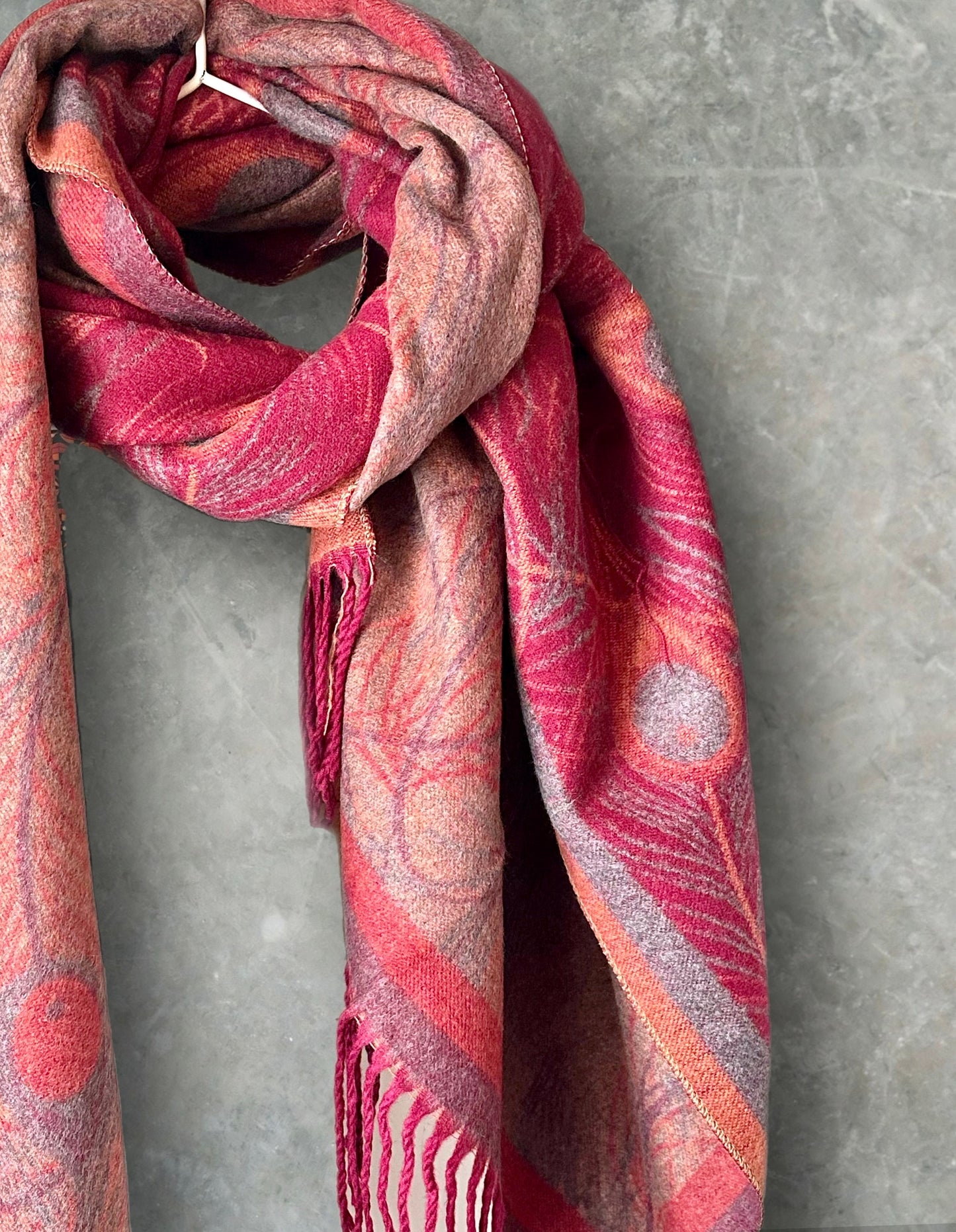 Cashmere Scarf in Maroon Red with Feathers Pattern,Winter Scarf,The Perfect Gift for Mom,Her,Birthday and Christmas.
