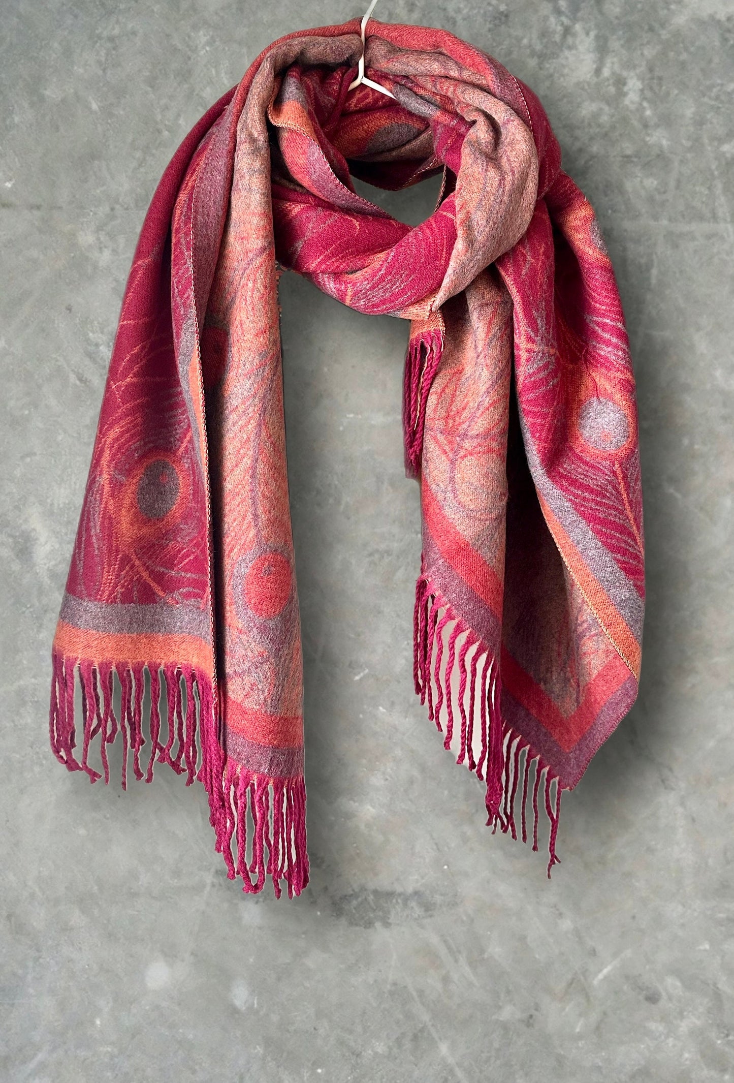 Cashmere Scarf in Maroon Red with Feathers Pattern,Winter Scarf,The Perfect Gift for Mom,Her,Birthday and Christmas.