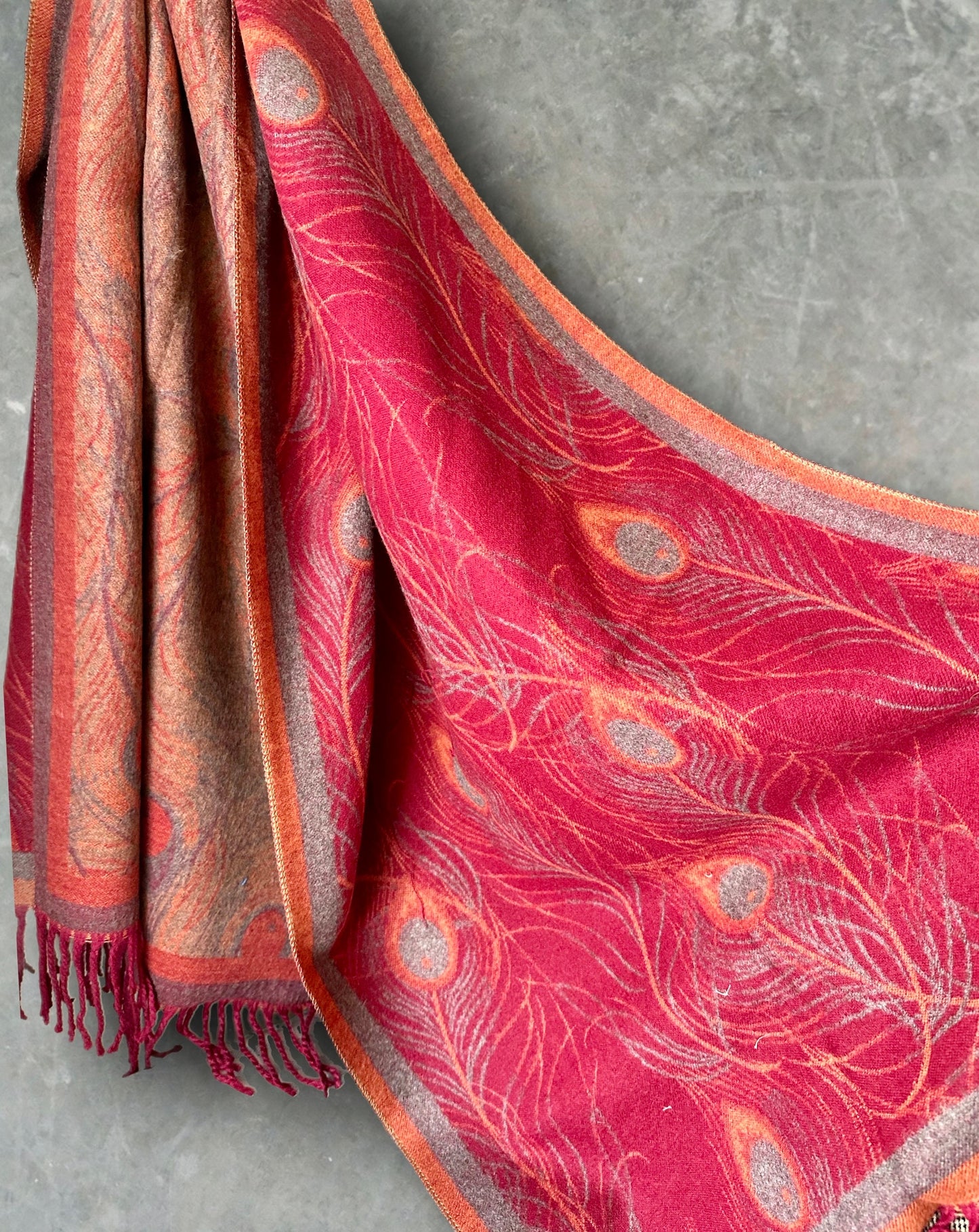 Cashmere Scarf in Maroon Red with Feathers Pattern,Winter Scarf,The Perfect Gift for Mom,Her,Birthday and Christmas.
